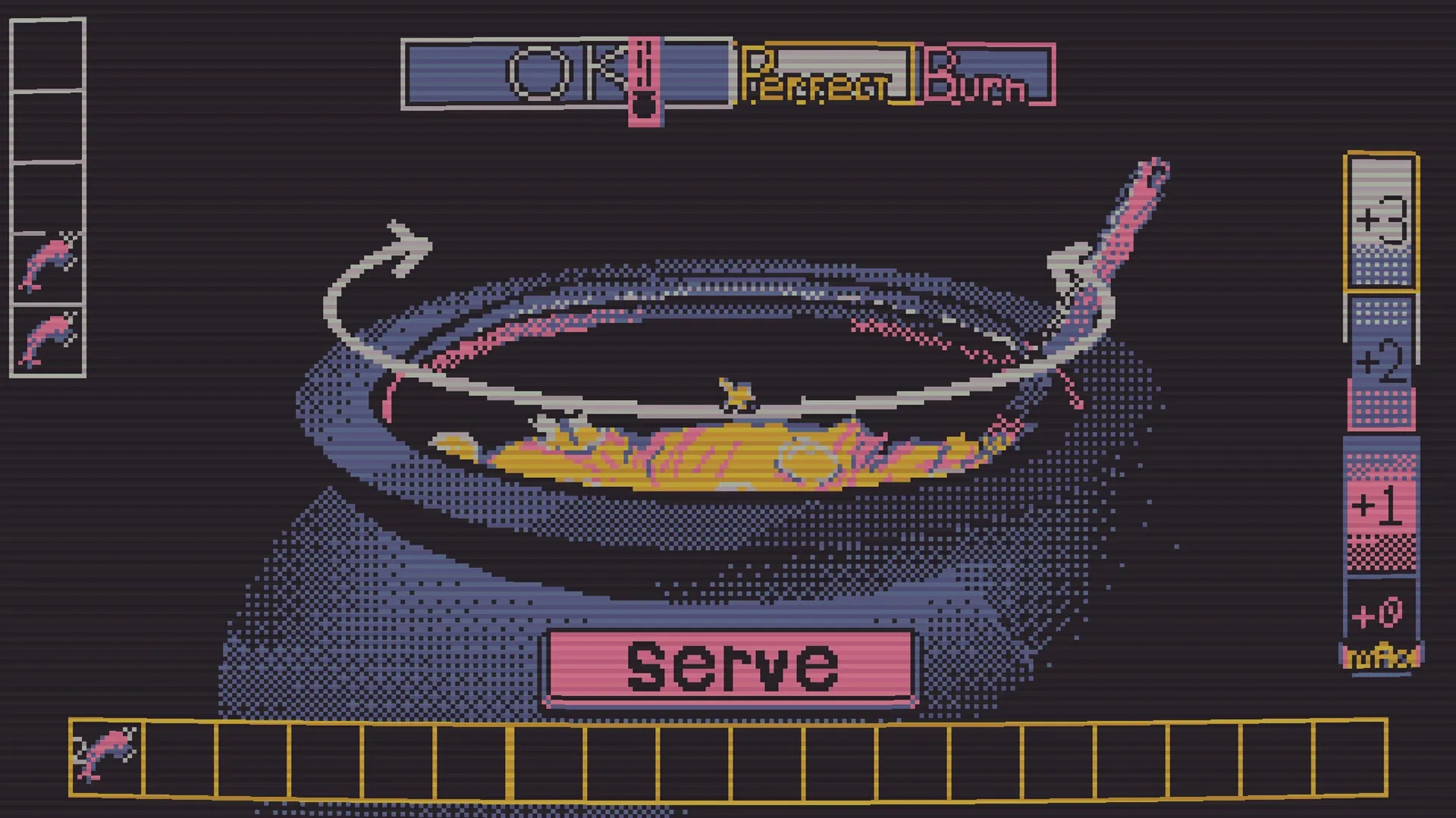 Besmirch: Cooking mini-game with pot stirring meter and ingredient icons in dark pixel art style.
