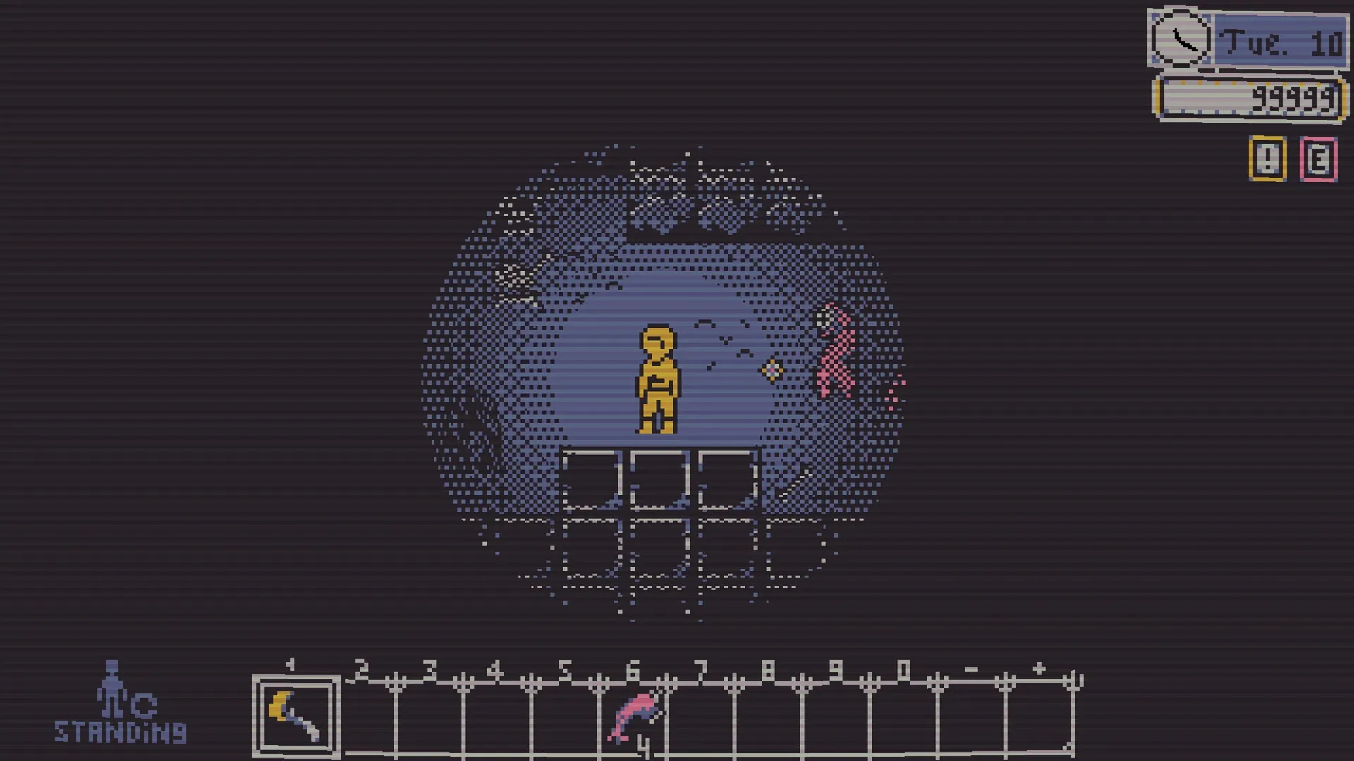 Besmirch: Character stands in moonlit garden at night, inventory and health bar displayed on screen.