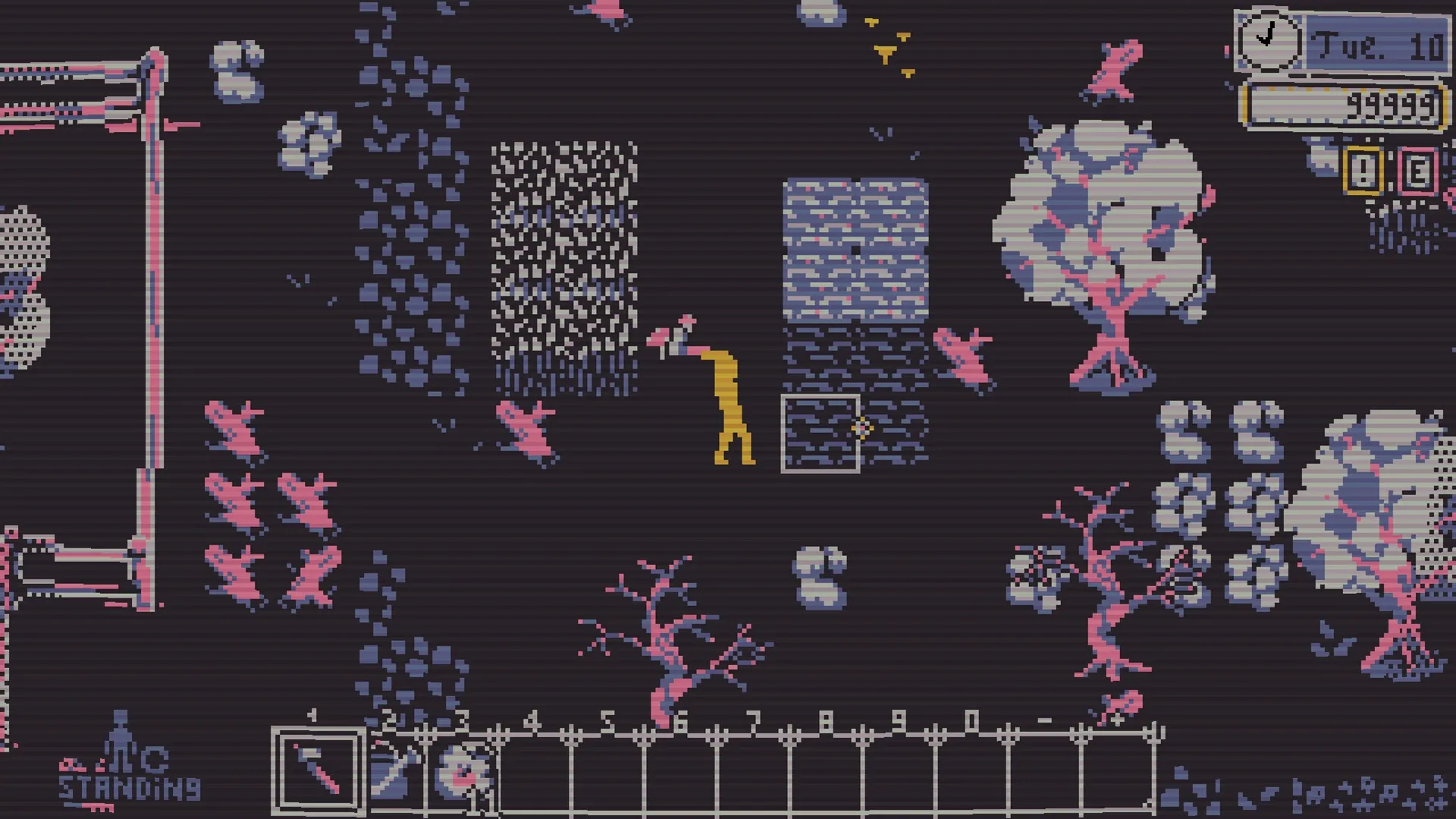 Besmirch: Character planting crops at night surrounded by trees and pink creatures; UI shows tools and time