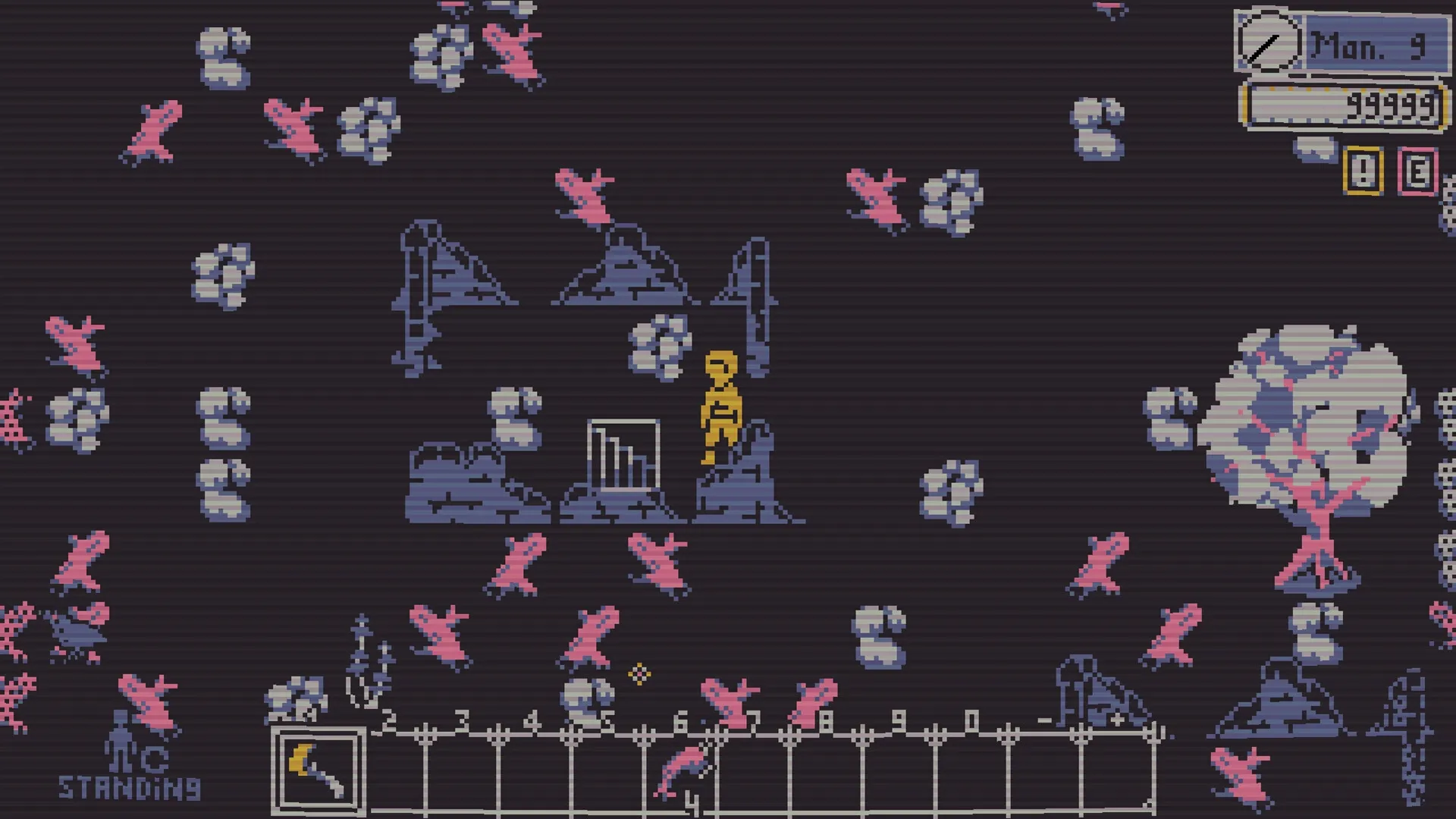 Besmirch: Character stands among pixelated rocks and trees with a visible scythe in inventory bar
