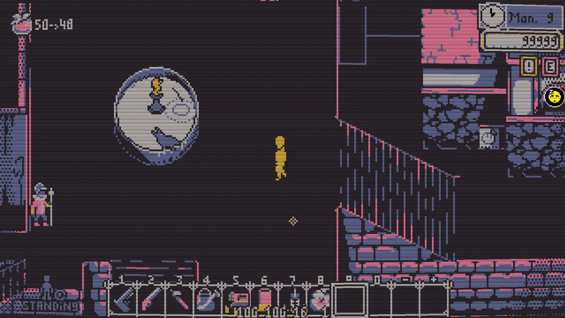 Besmirch: Player navigating shadowy village with inventory bar and time display in pixel art style.