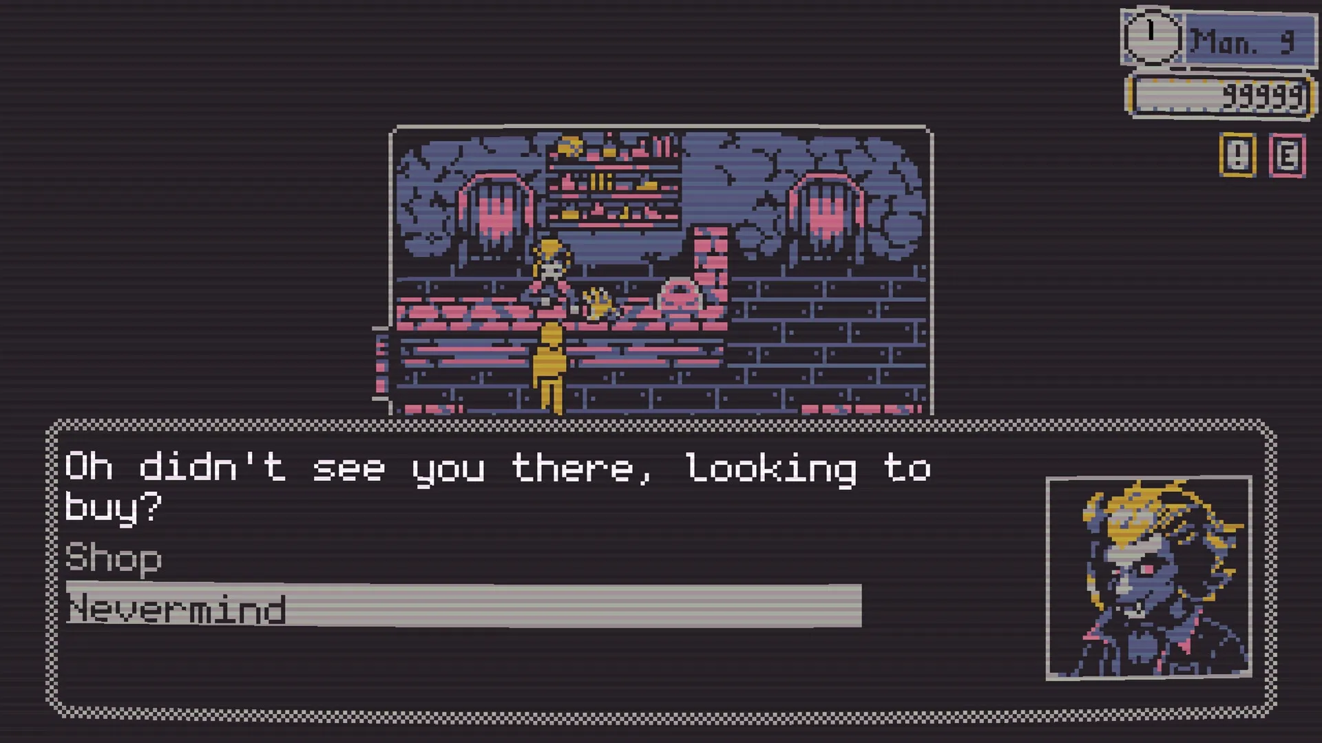 Besmirch: Character in shop dialogue with options to buy or leave, set in a dimly lit underground store.