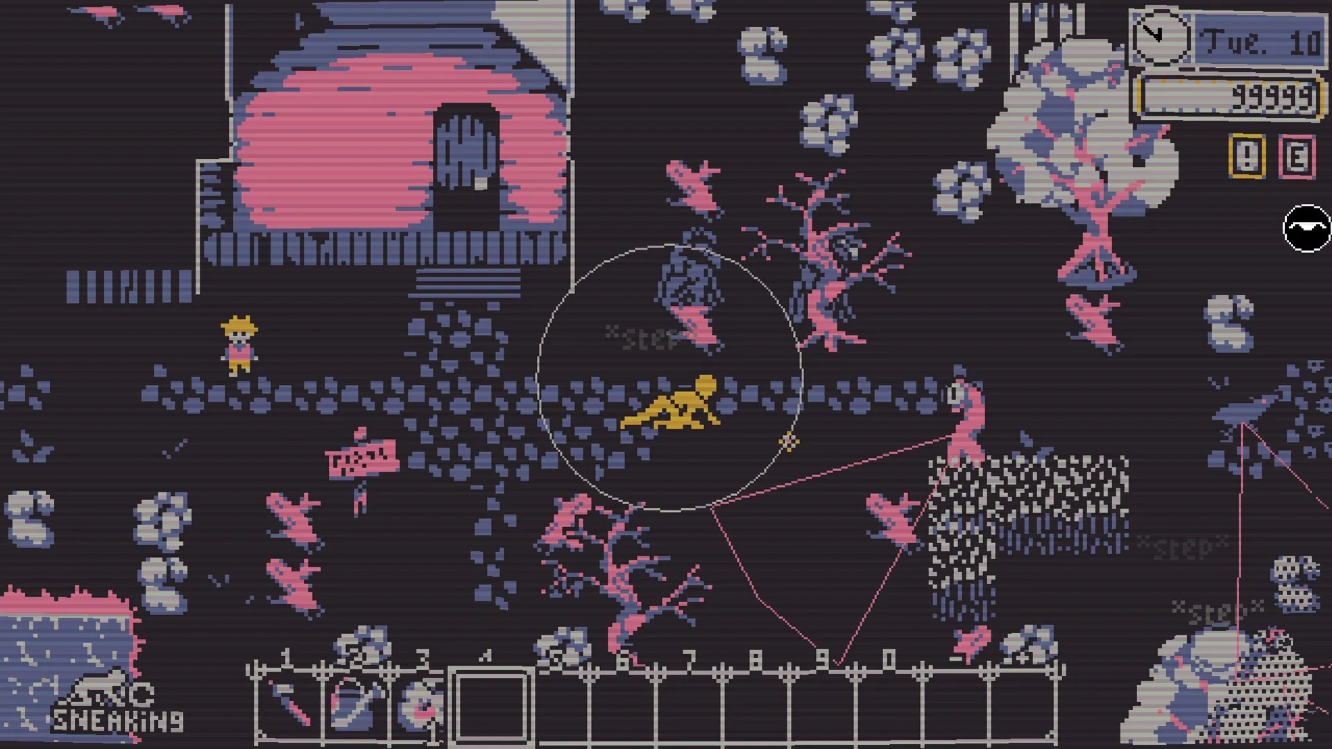 Besmirch: Farmer sneaking past monsters under moonlight with inventory and stealth UI visible