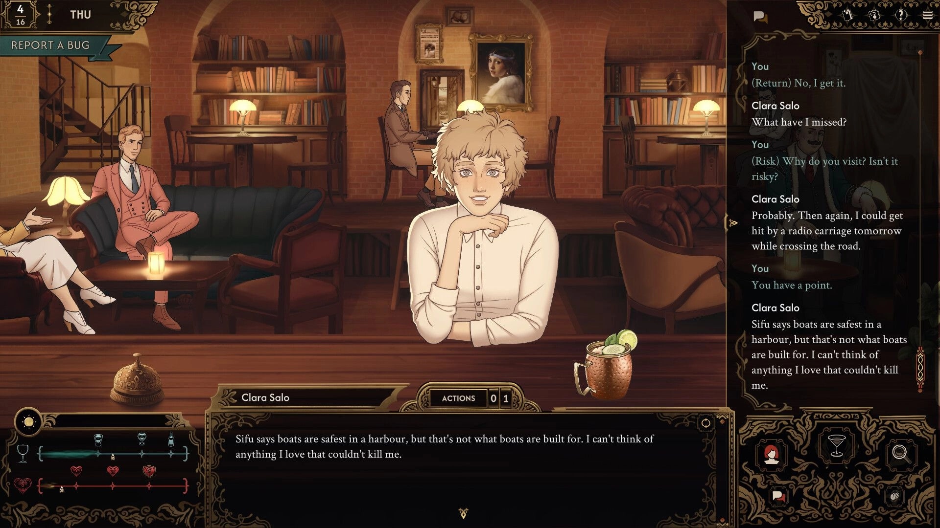 Best Served Cold: Clara Salo converses with patrons in a cozy speakeasy setting, dialogue options visible.