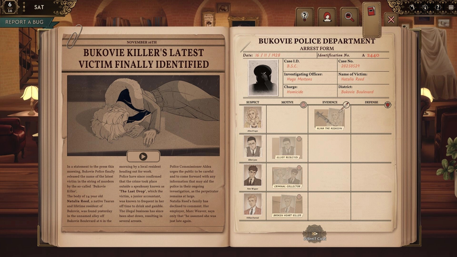 Best Served Cold: Newspaper article and police case file open in a cozy speakeasy setting