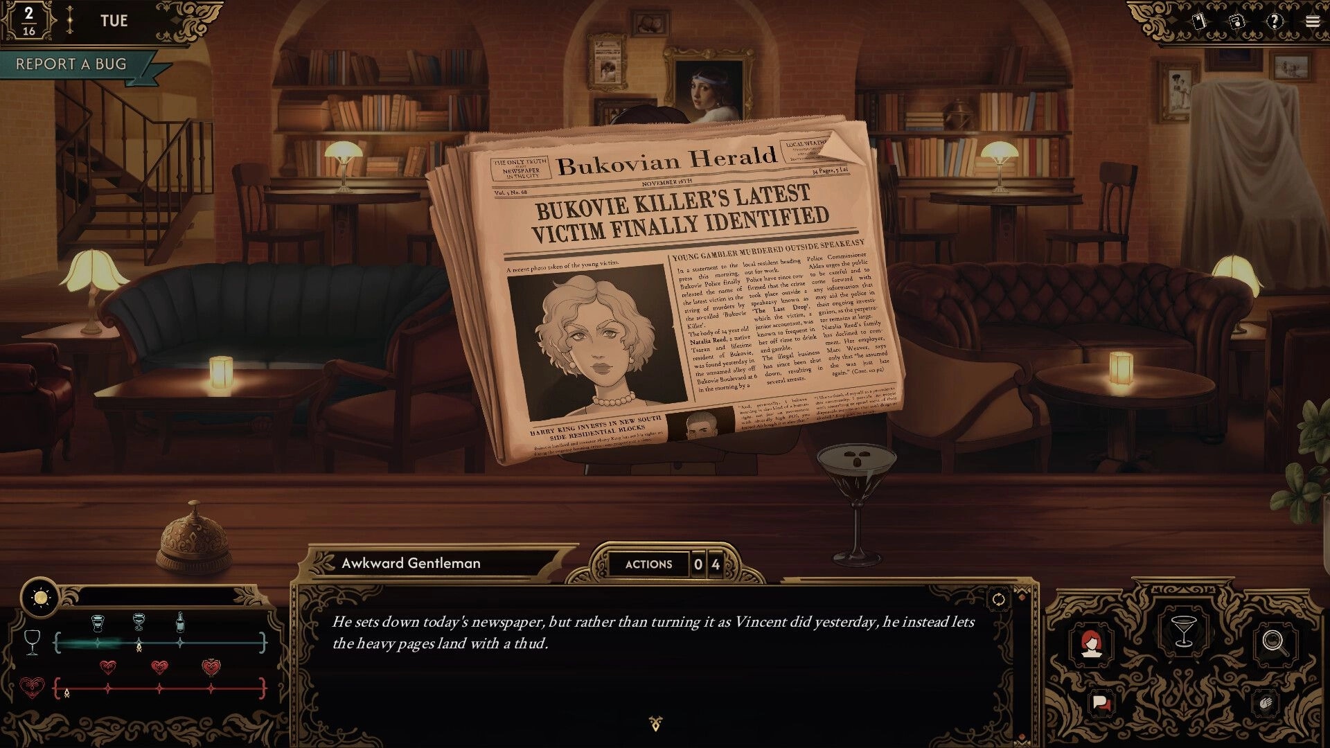 Best Served Cold: Newspaper headline reveals latest victim in cozy speakeasy with character dialogue below.