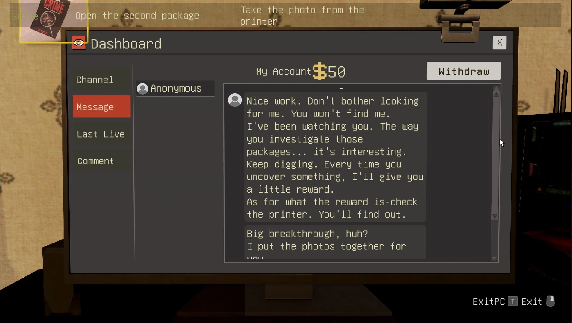 bet you won’t: Reading Anonymous message on PC dashboard UI with $50 account in dim room backdrop.