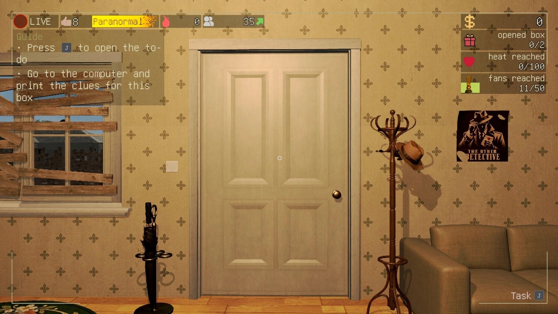 bet you won’t: to-do guide overlay while facing a closed door in a shabby room with couch and coat rack.