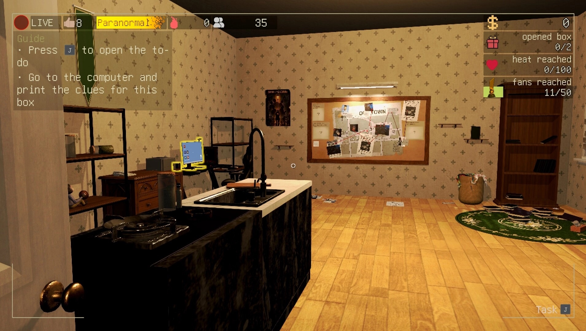 bet you won’t: livestream HUD and guide prompt over a clue board and computer in a small room.