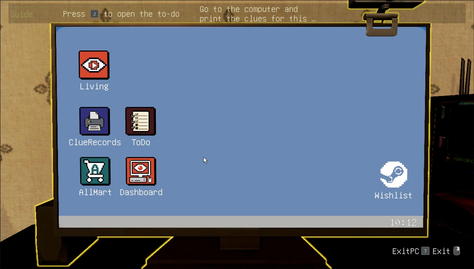 bet you won’t: desktop PC menu with Living, ClueRecords, ToDo, AllMart, Dashboard icons indoors.