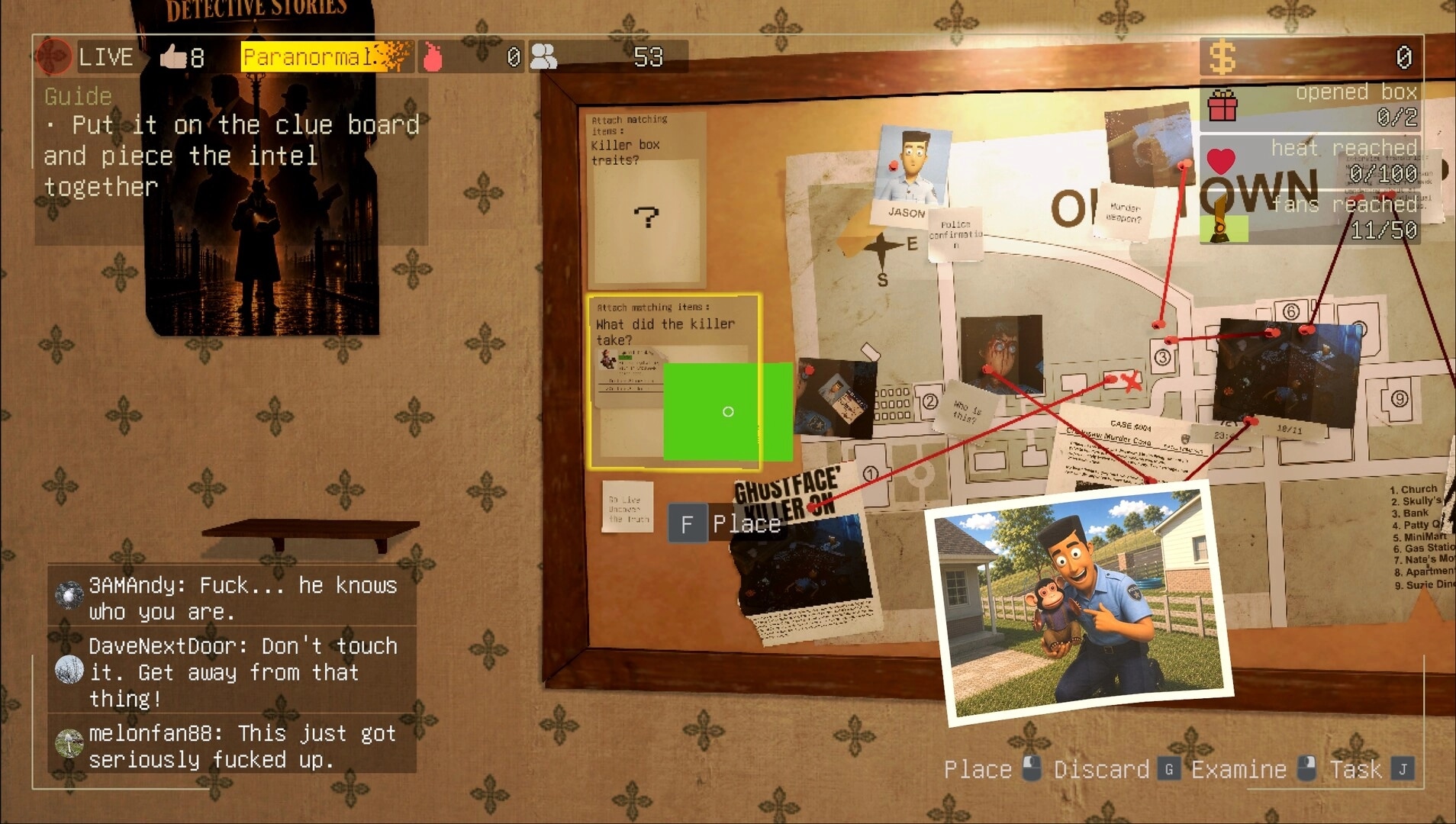 bet you won’t: placing a clue on the evidence board with red string links in a wallpapered room.