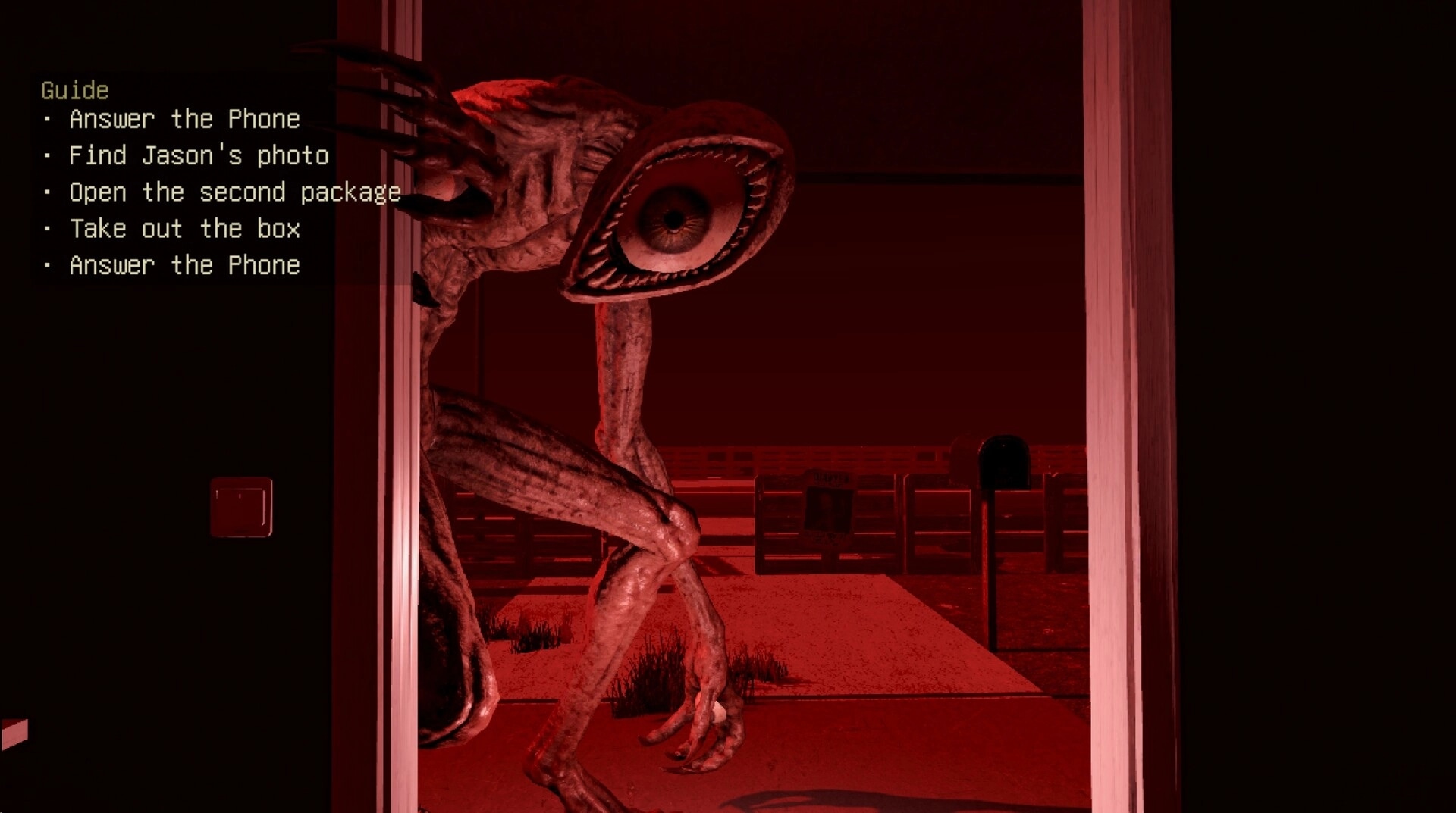 bet you won’t: giant one-eyed creature peeks in doorway as objective guide list overlays red-lit porch.