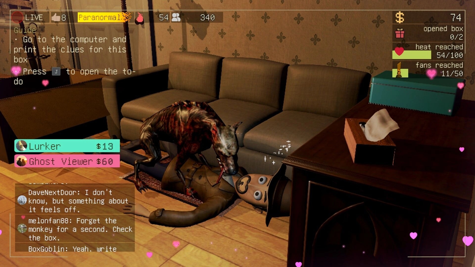 bet you won’t: monster mauls a downed streamer as LIVE chat and stats overlay fill a grim living room.