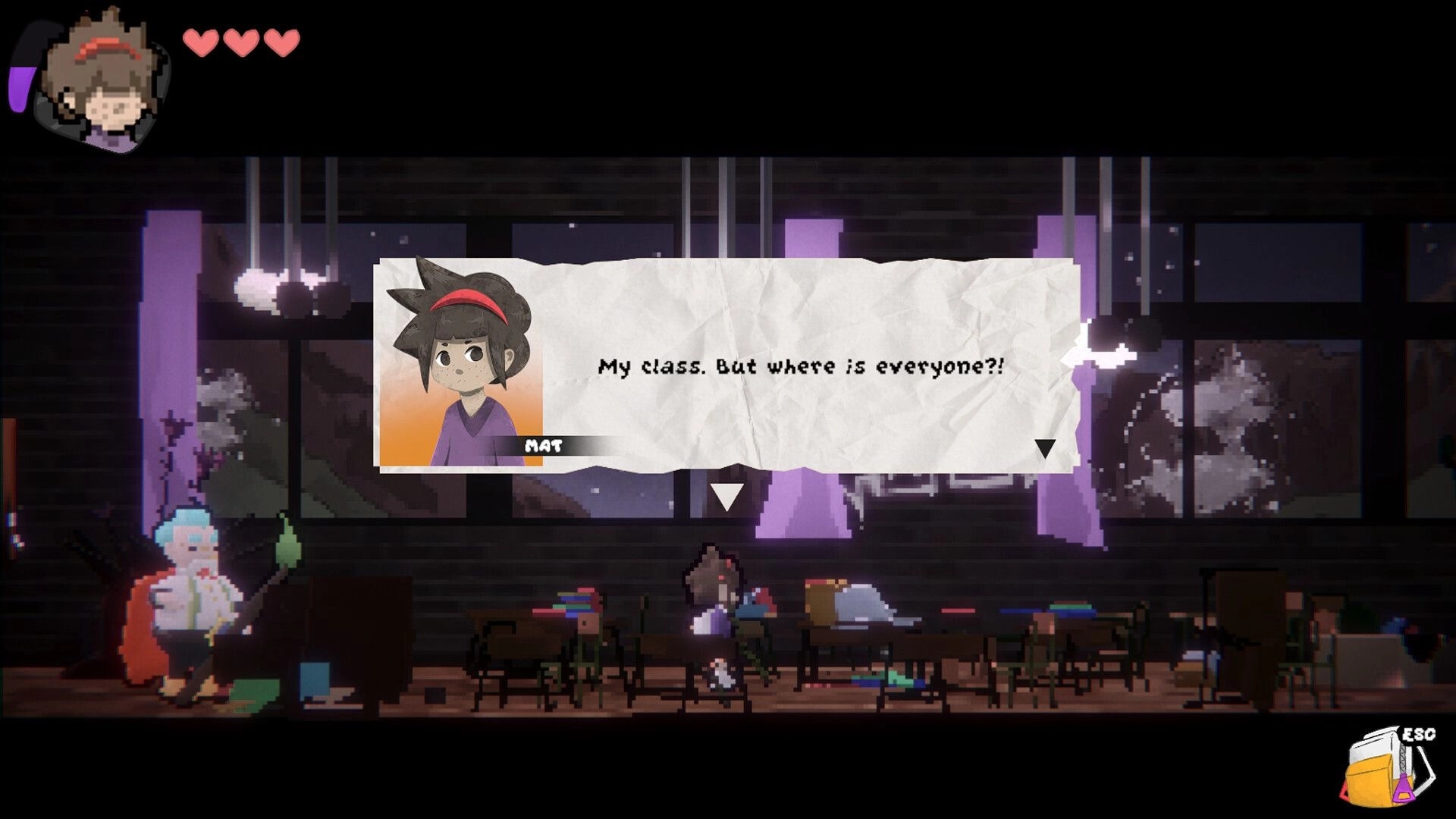 Between Worlds: MAT in an empty classroom, pondering missing classmates with dialogue and heart icons visible.