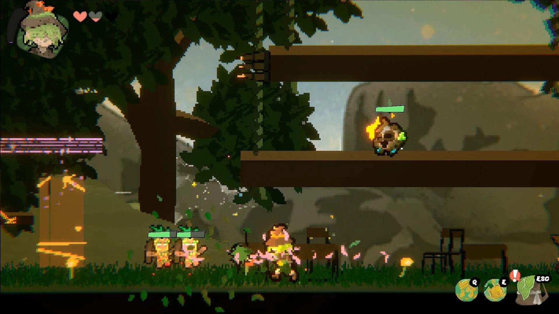 Between Worlds: Mat encounters enemies in a lush forest, UI shows health and abilities at the bottom.