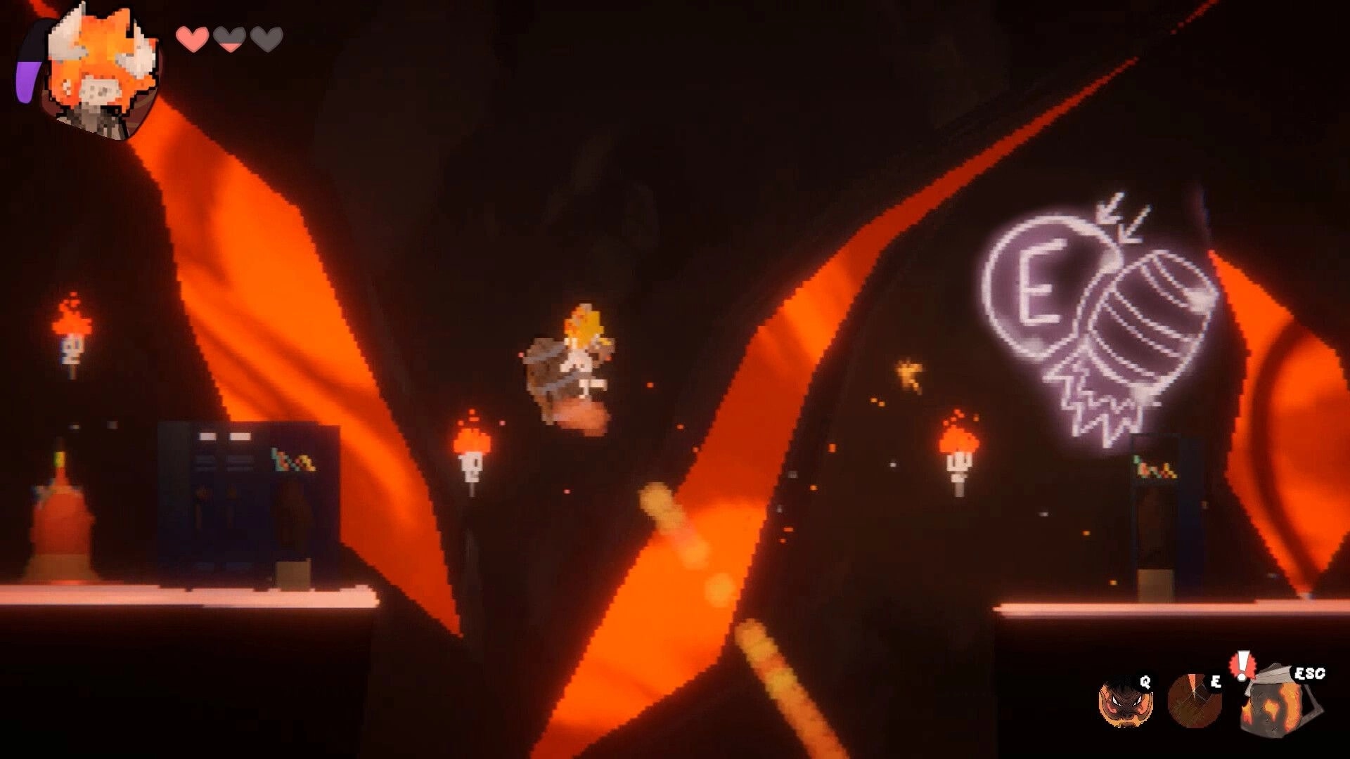 Between Worlds: Mat jumps between fiery platforms with heart icons and neon symbols in cavern environment