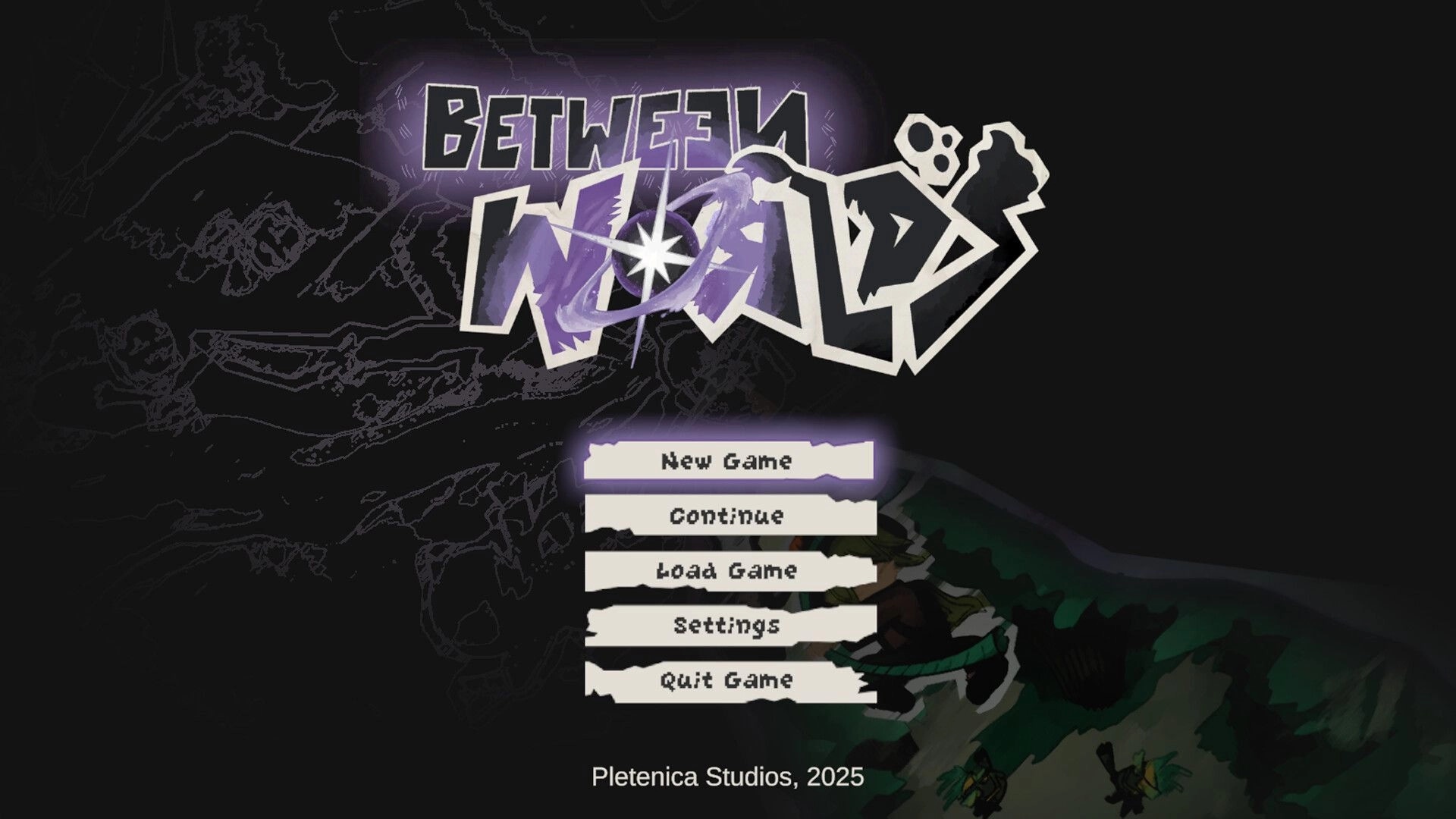 Between Worlds: Main menu screen with options for New Game, Continue, Load Game, Settings, Quit Game