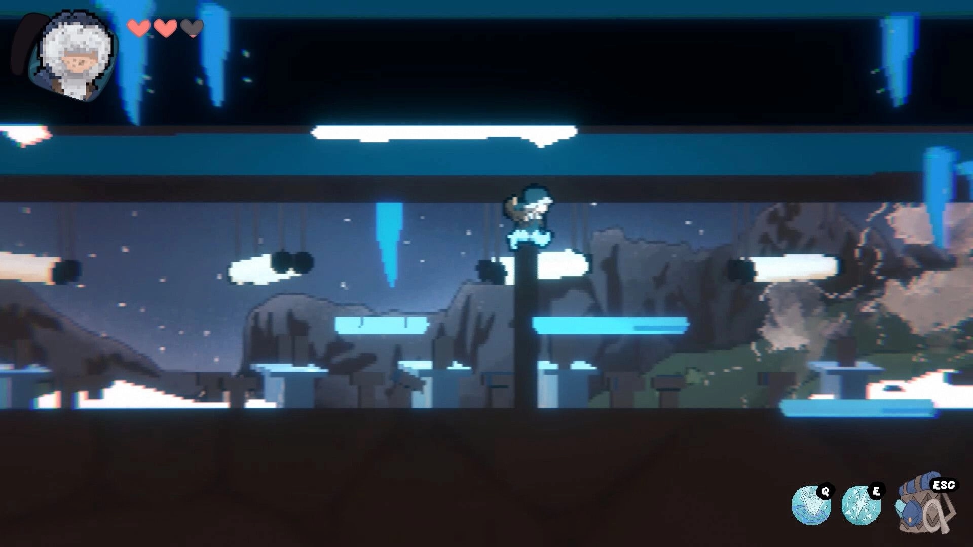 Between Worlds: MAT navigates floating platforms in a starry mountain landscape with UI elements visible.