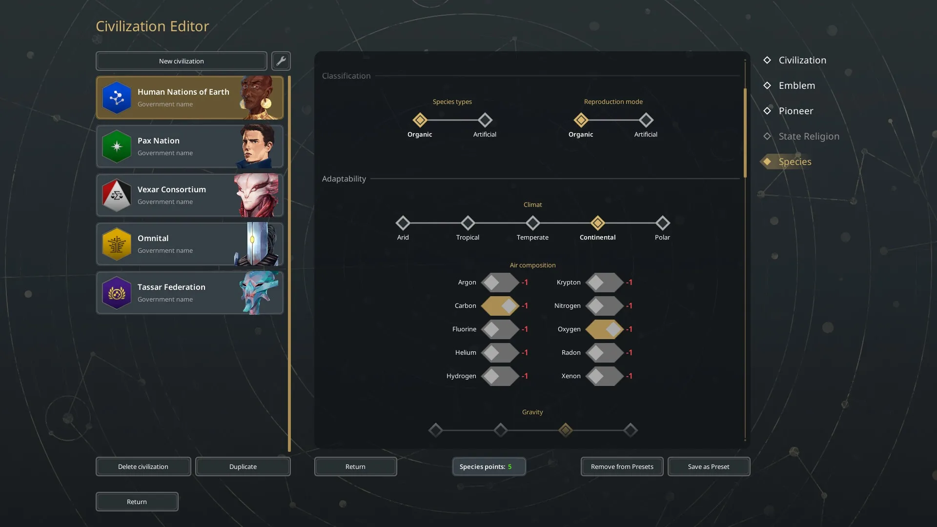 Beyond Astra: Civilization editor interface with species classification and adaptability options