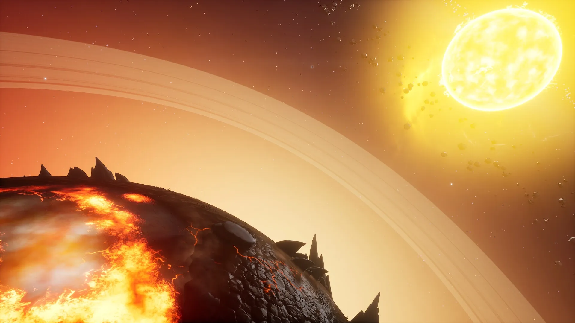 Beyond Astra: Fiery planet surface with visible rings and bright yellow sun in a cosmic environment