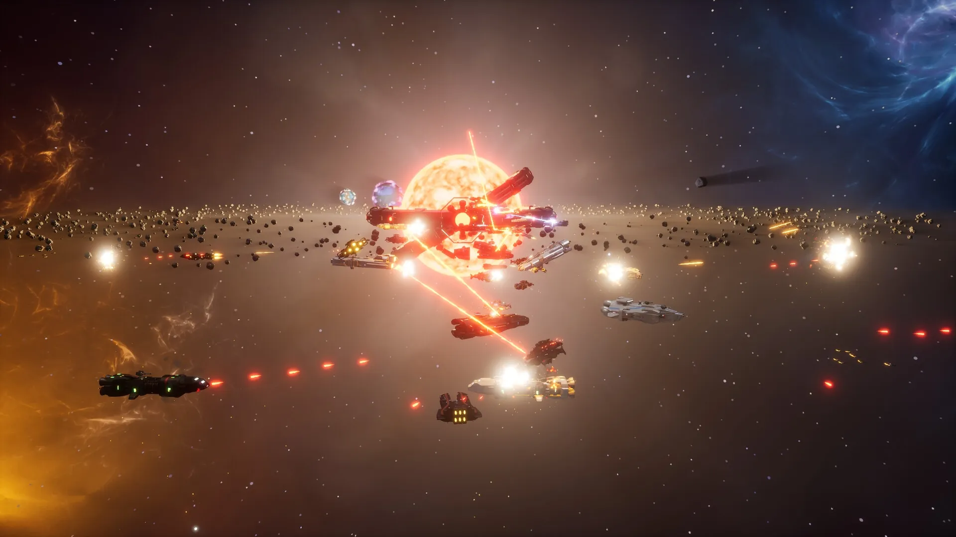 Beyond Astra: Intense space battle with starships firing lasers near a bright sun in asteroid field