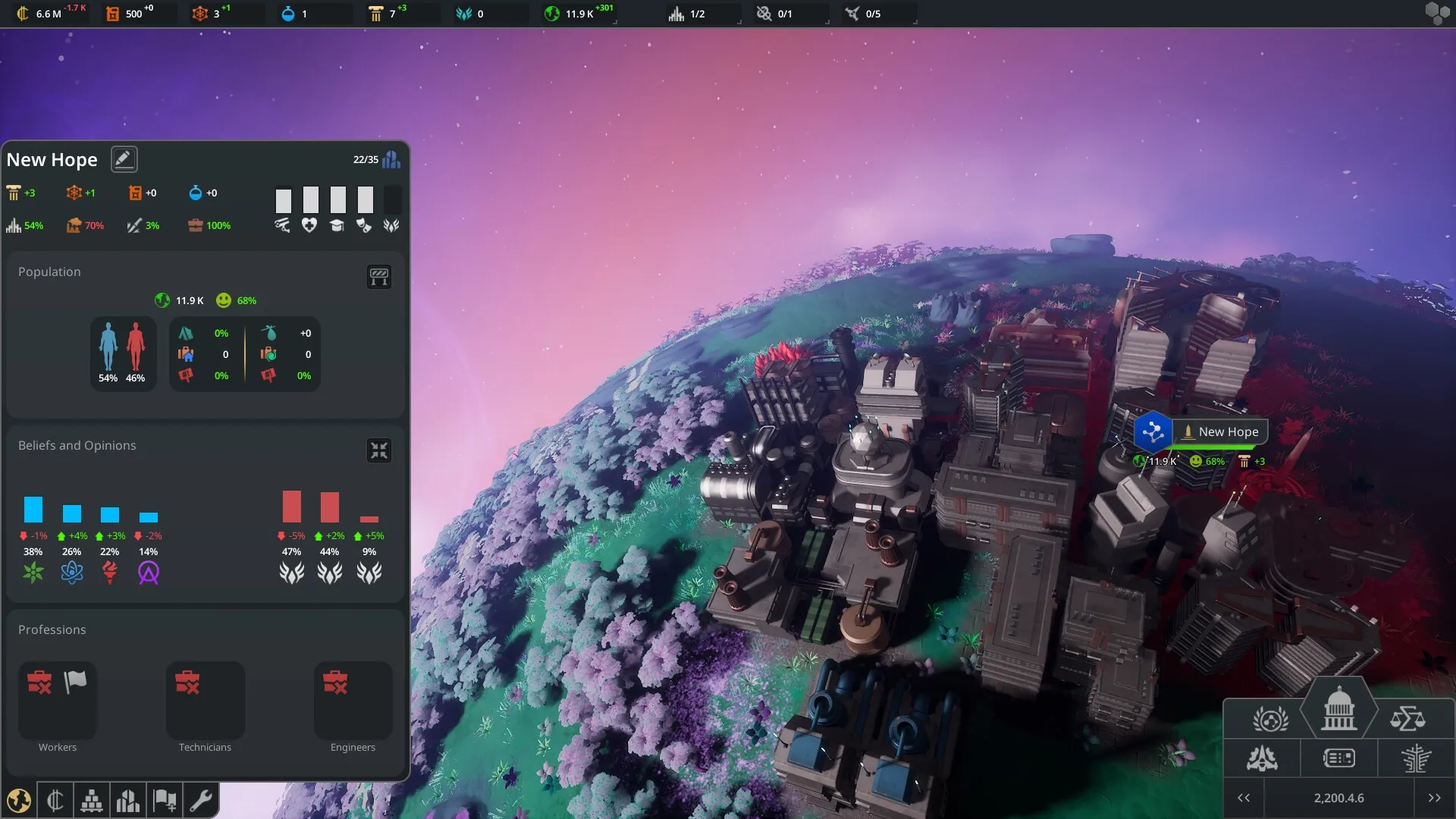 Beyond Astra: City overview of New Hope with population stats and beliefs on a vibrant alien planet