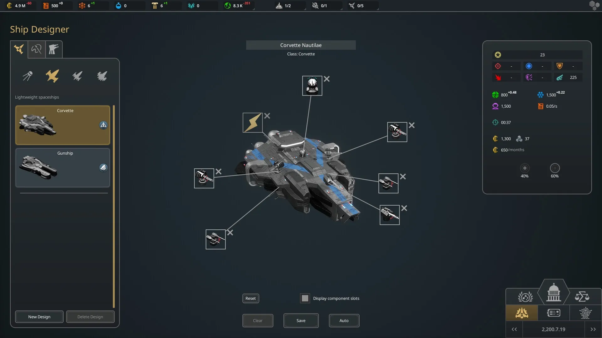 Beyond Astra: Ship Designer interface with Corvette Nautilae equipped with various components
