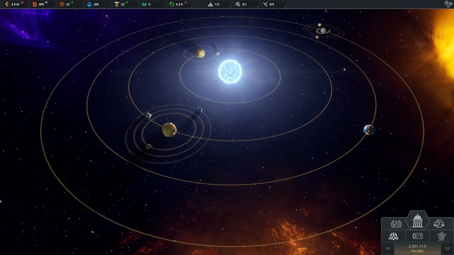 Beyond Astra: Solar system view with orbit paths and resource stats in deep space environment