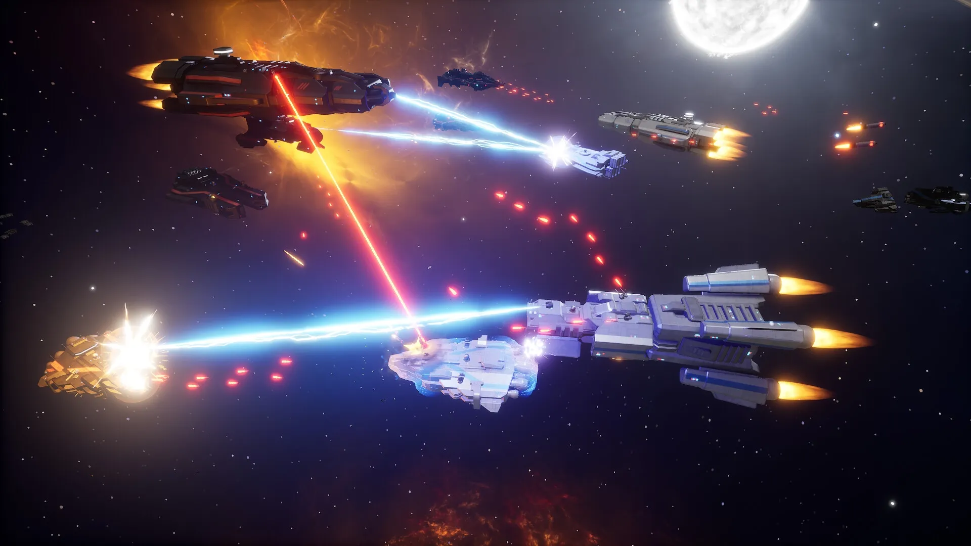 Beyond Astra: Space battle with laser-firing starships in a vast galaxy under a bright celestial body