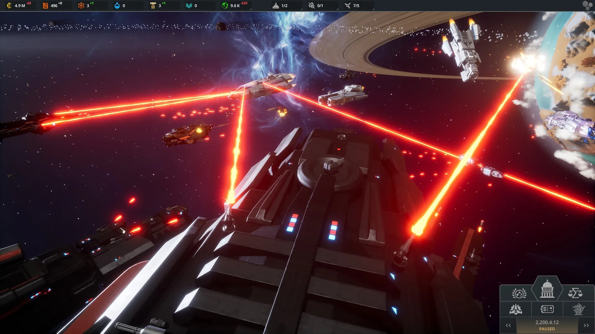 Beyond Astra: Intense space battle with multiple ships firing red lasers near a ringed planet