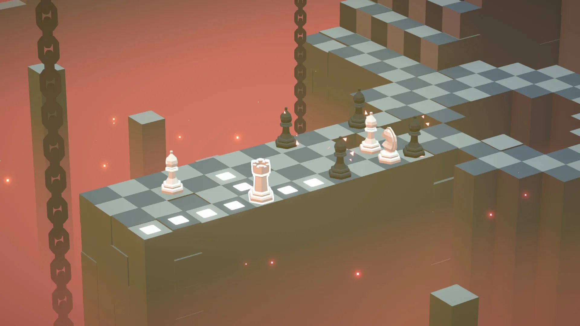 Beyond The Board: Chess pieces navigate a floating, checkered path with chains in a surreal red void.