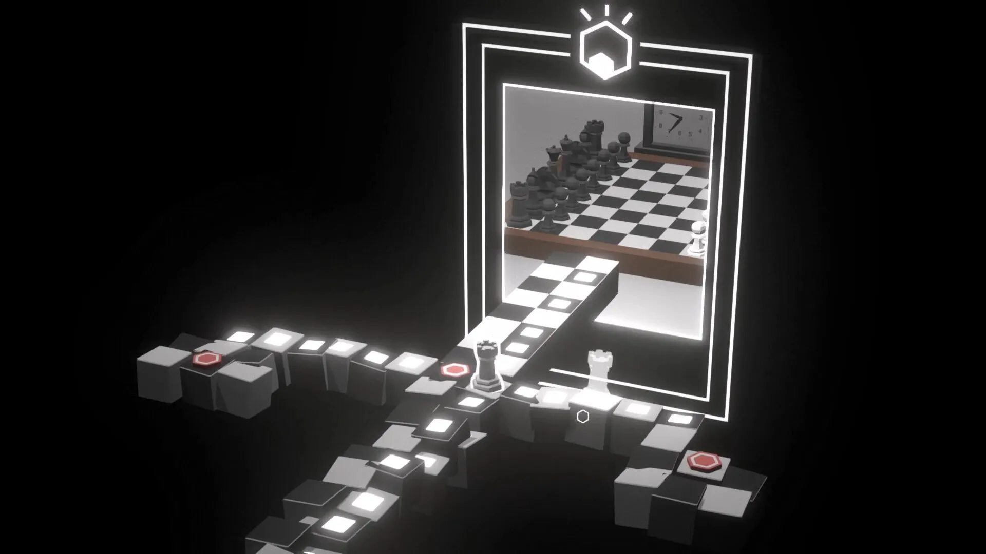 Beyond The Board: Chess pieces traverse glowing path toward floating chessboard in dark, abstract void
