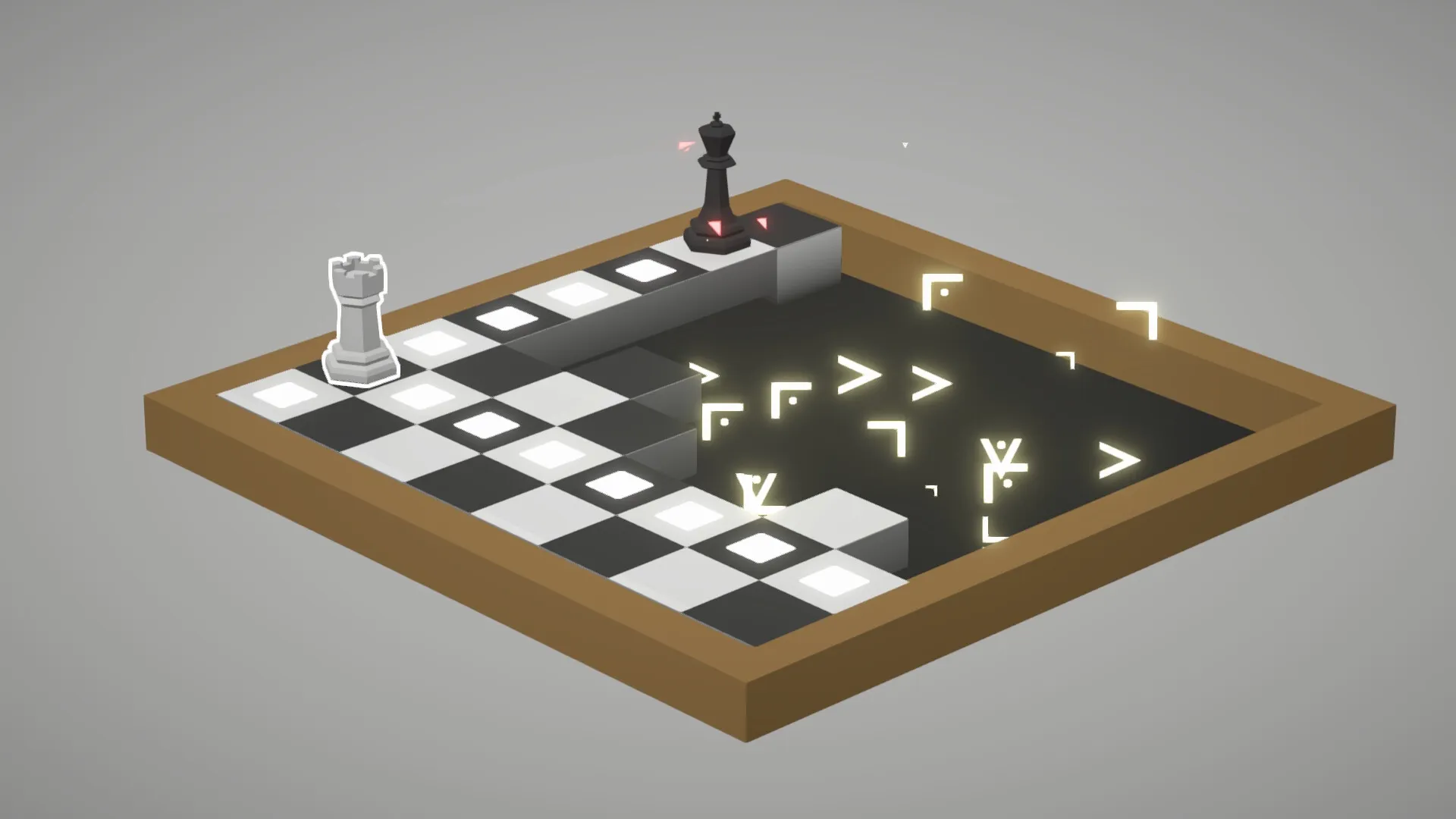 Beyond The Board: Rook and king pieces on a fragmented chessboard with glowing symbols in dark void