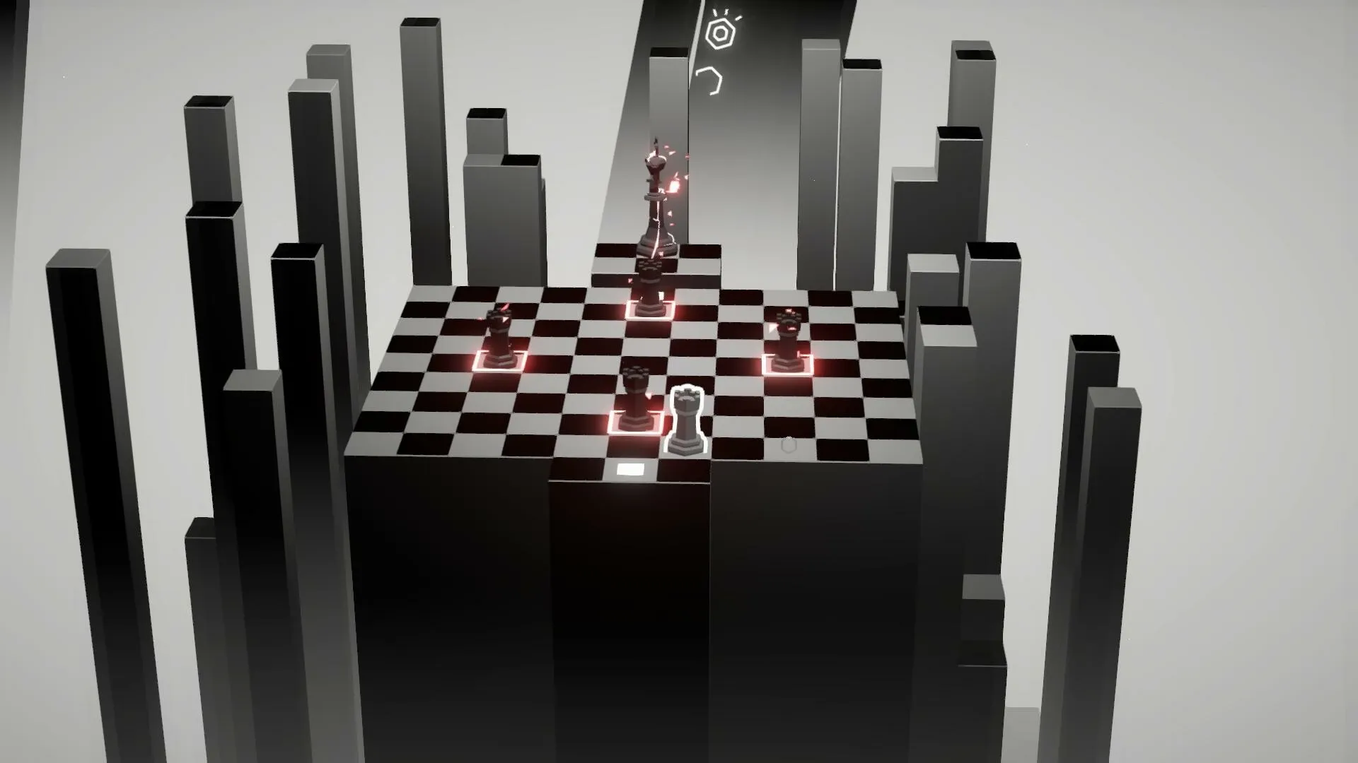 Beyond The Board: Chess pieces on a floating board surrounded by towering pillars in a minimal setting.
