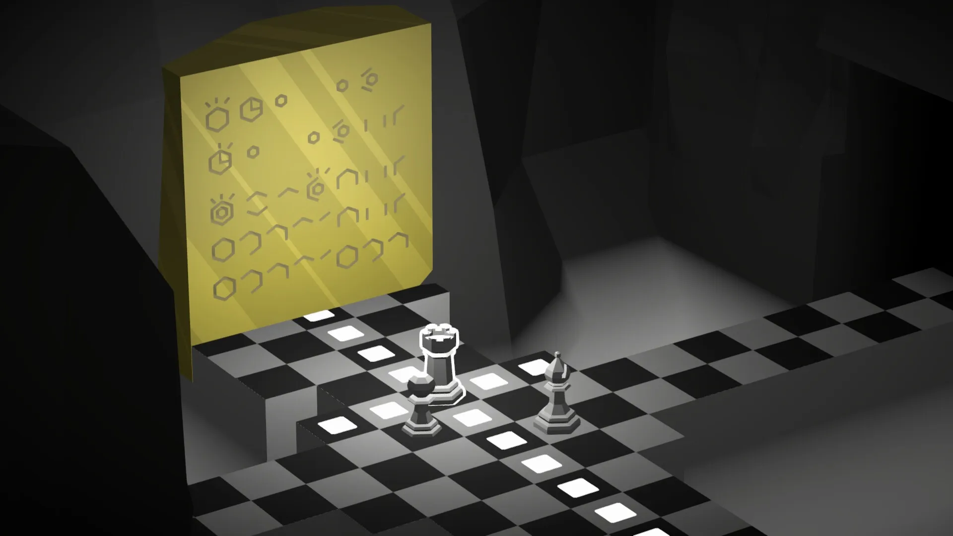 Beyond The Board: Chess pieces on tiled floor before a yellow wall with abstract symbols in a dark cave.