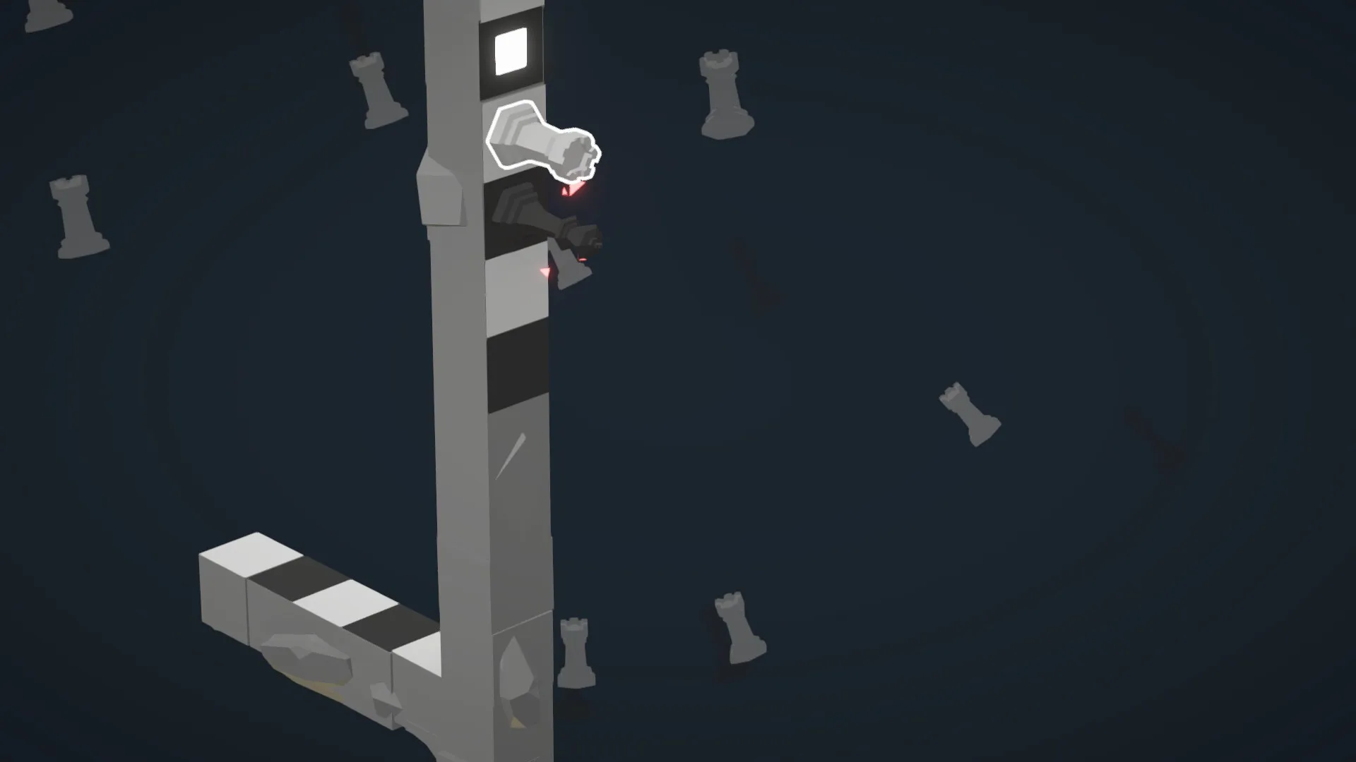 Beyond The Board: Chess pieces float near a tall, illuminated column in a dark, abstract environment