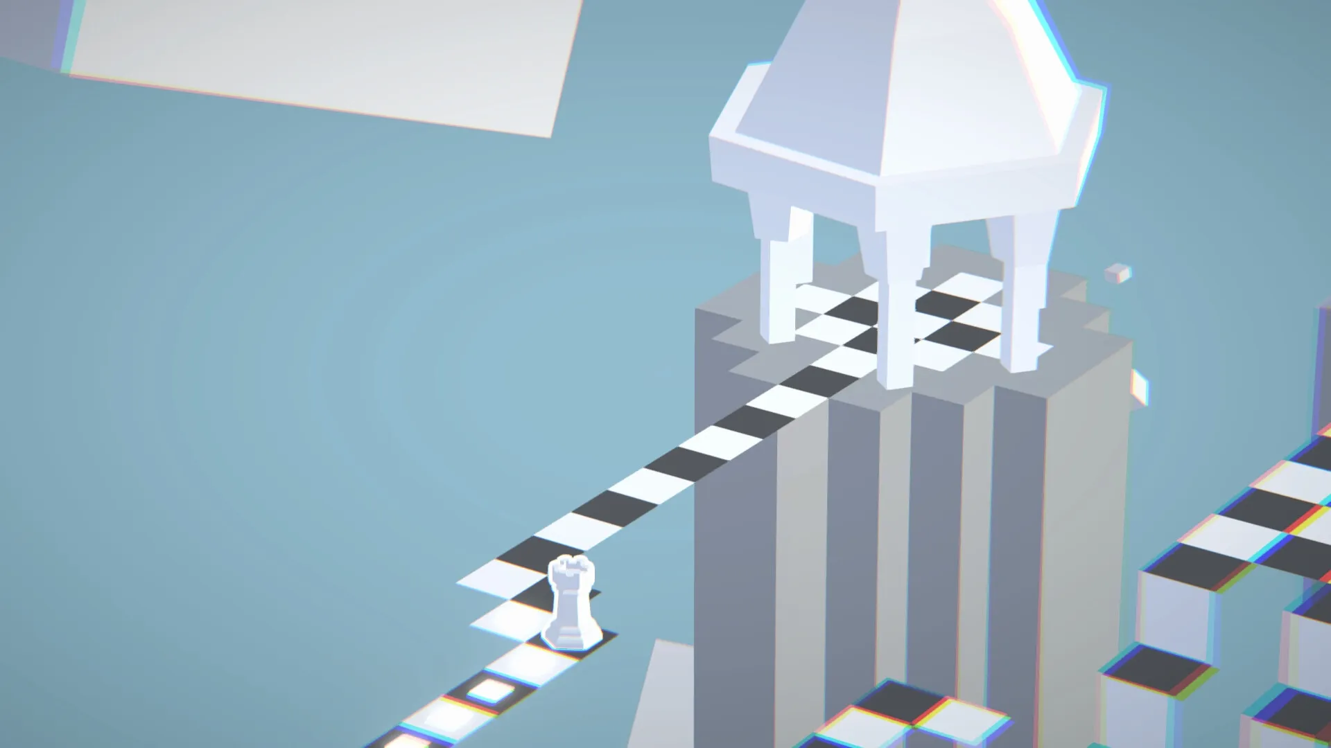 Beyond The Board: Rook navigating checkerboard path leading to white tower on floating platform