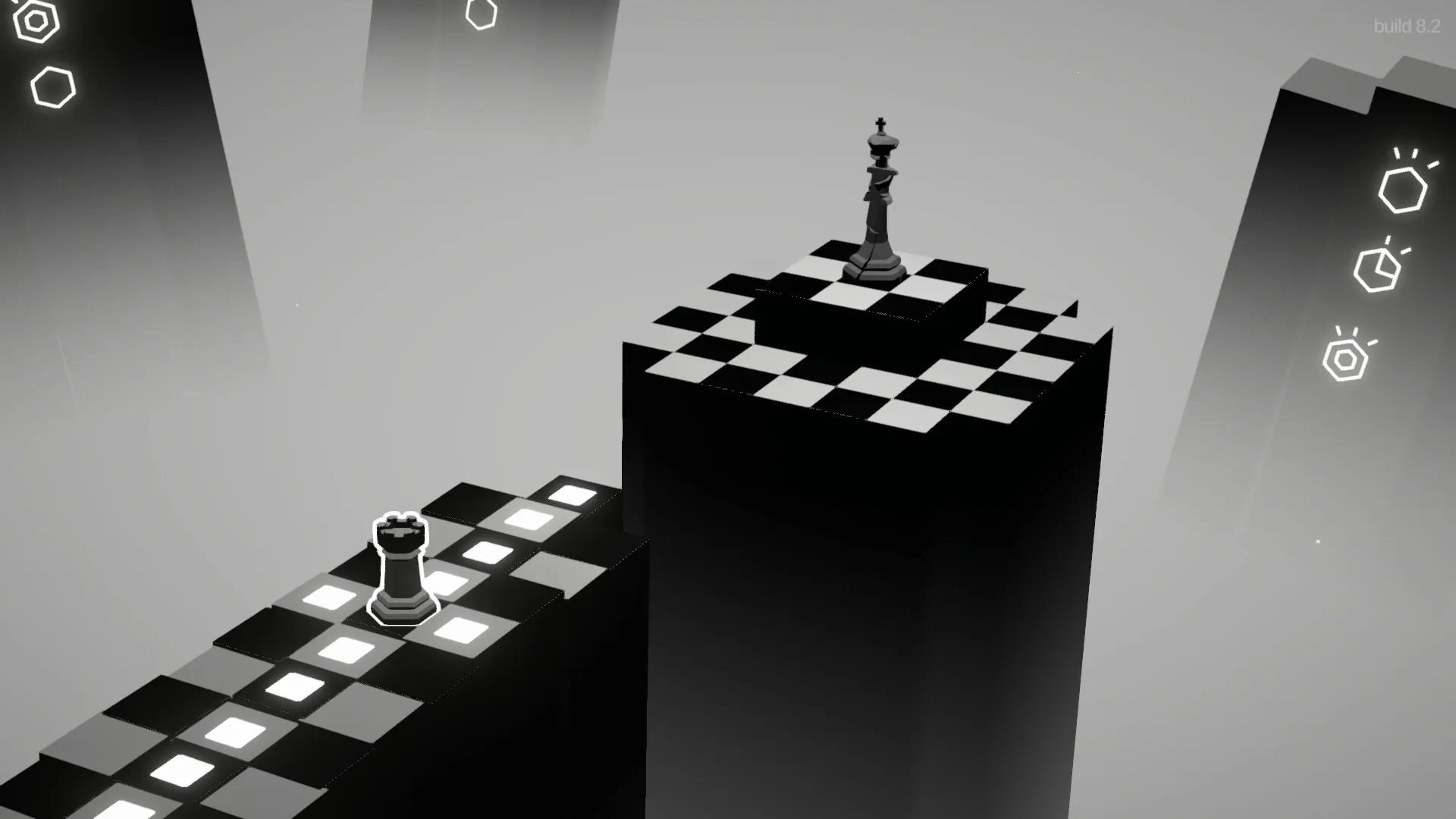 Beyond The Board: Rook and king pieces on floating chessboard platforms in a minimalist grayscale world