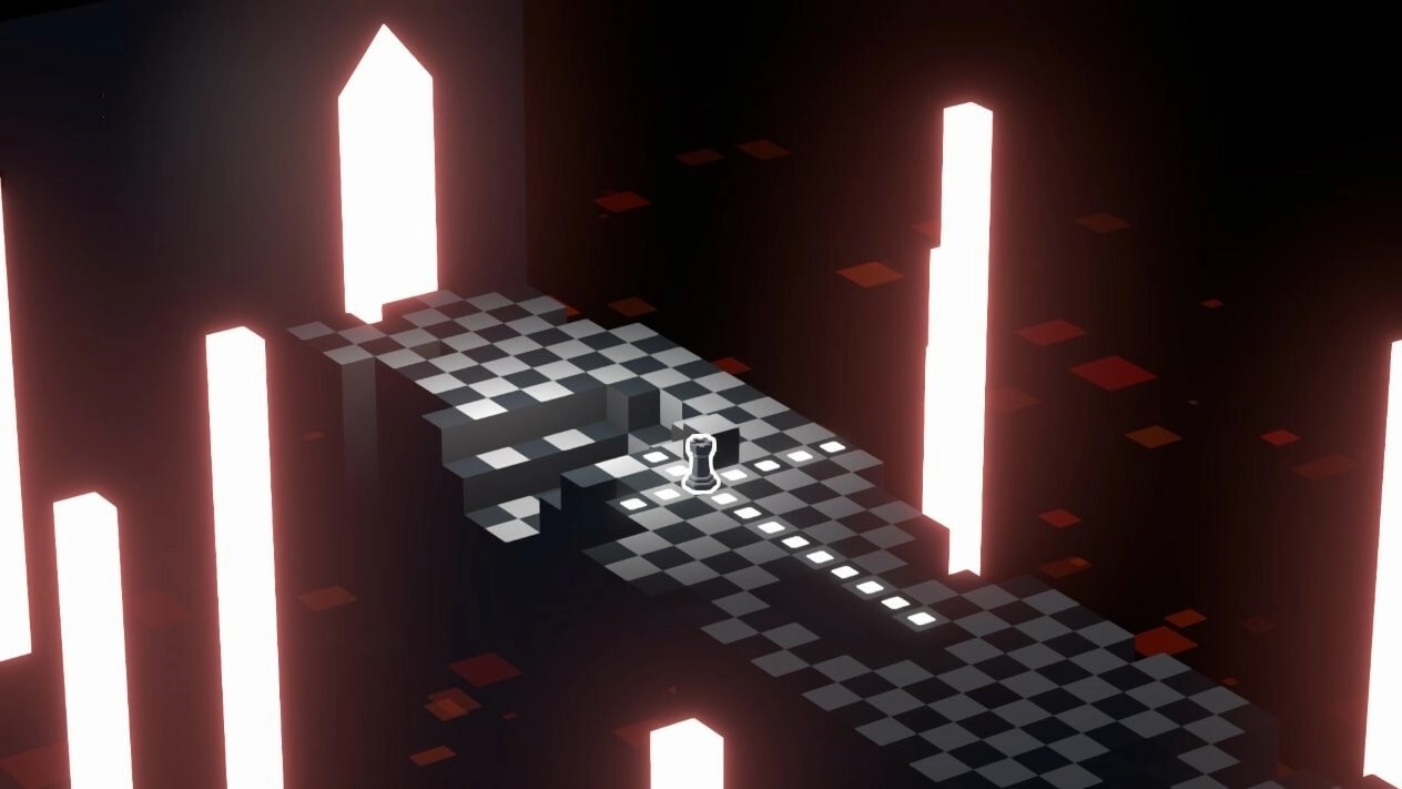 Beyond The Board: Chess rook navigating illuminated path on floating checkered platform in dark void