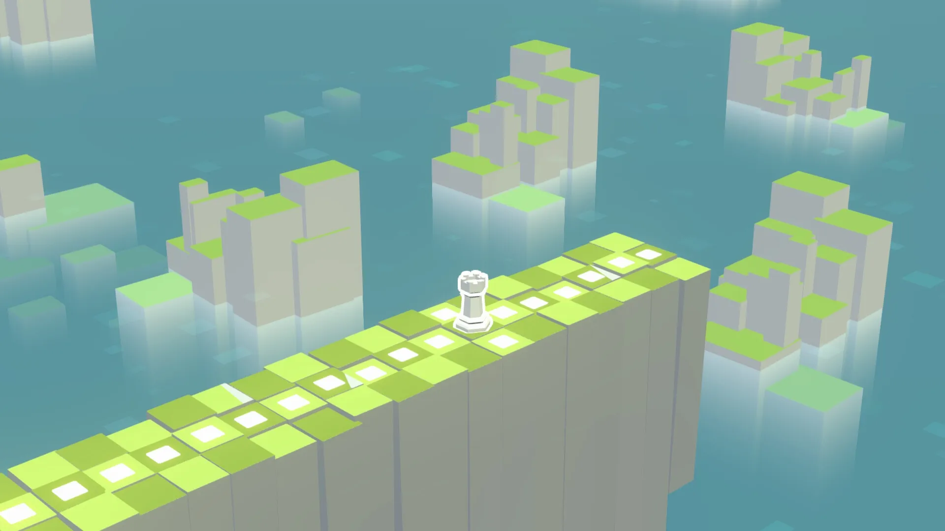 Beyond The Board: Chess rook on a glowing path over floating islands in a serene, minimalist landscape
