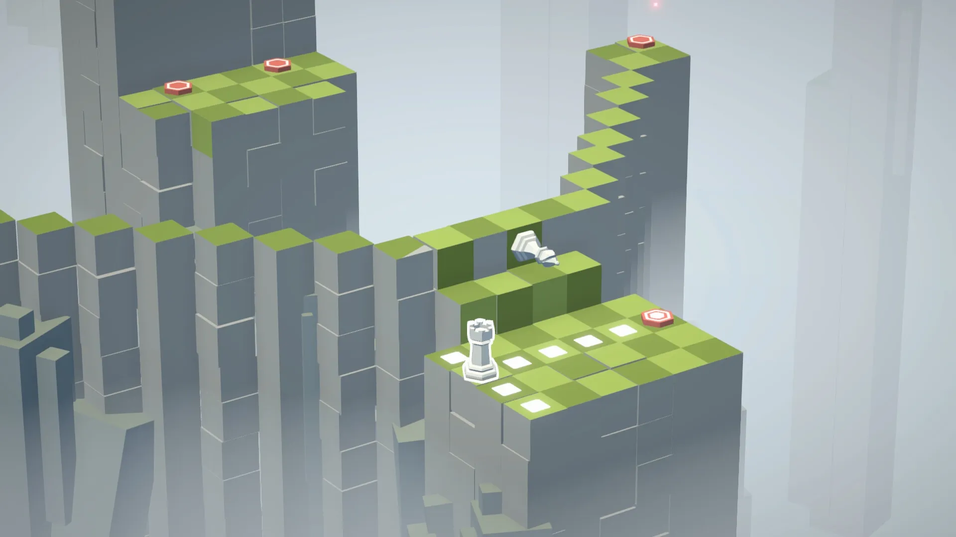 Beyond The Board: Rook navigating elevated green path with red buttons in a misty, minimalistic world