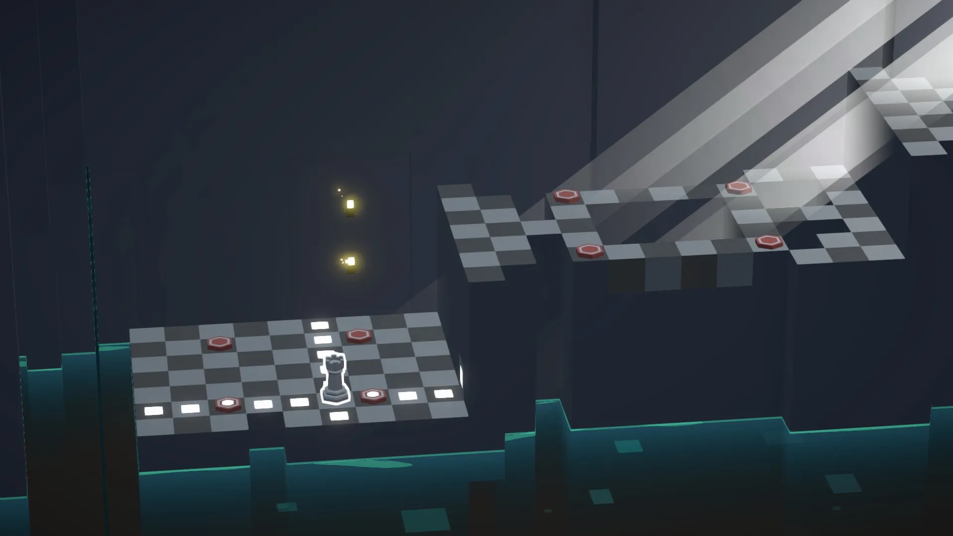 Beyond The Board: Chess piece navigating shifting tile platforms in a dark, minimalist environment