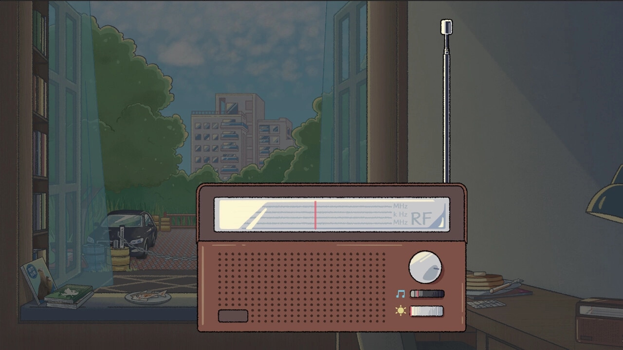 Beyond the Curtains: Vintage radio on windowsill with cityscape and car visible through open window