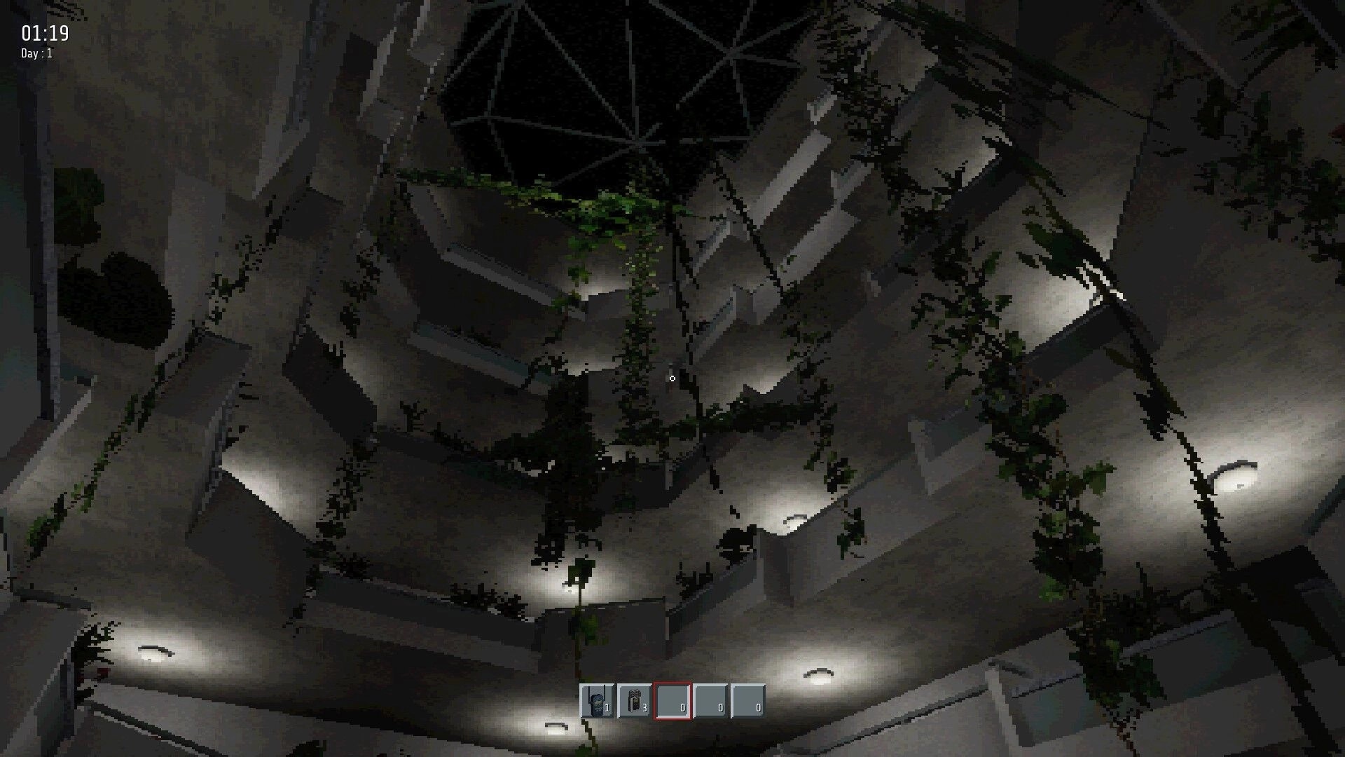 Beyond the Doors: Dimly lit atrium with vines and balconies, clock and inventory UI visible