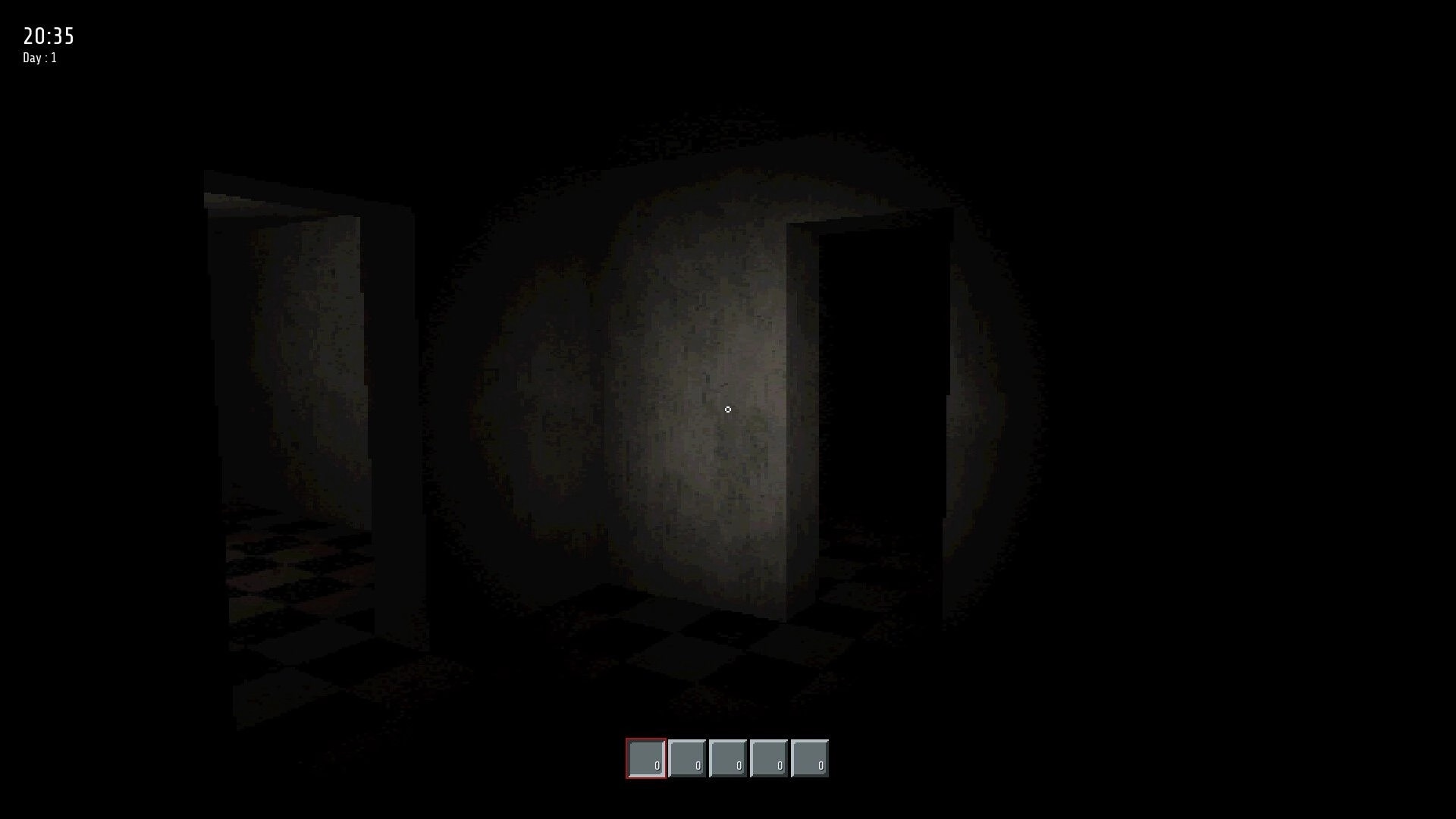 Beyond the Doors: Dimly lit corridors with open doors, inventory bar, and time display in apartment building.