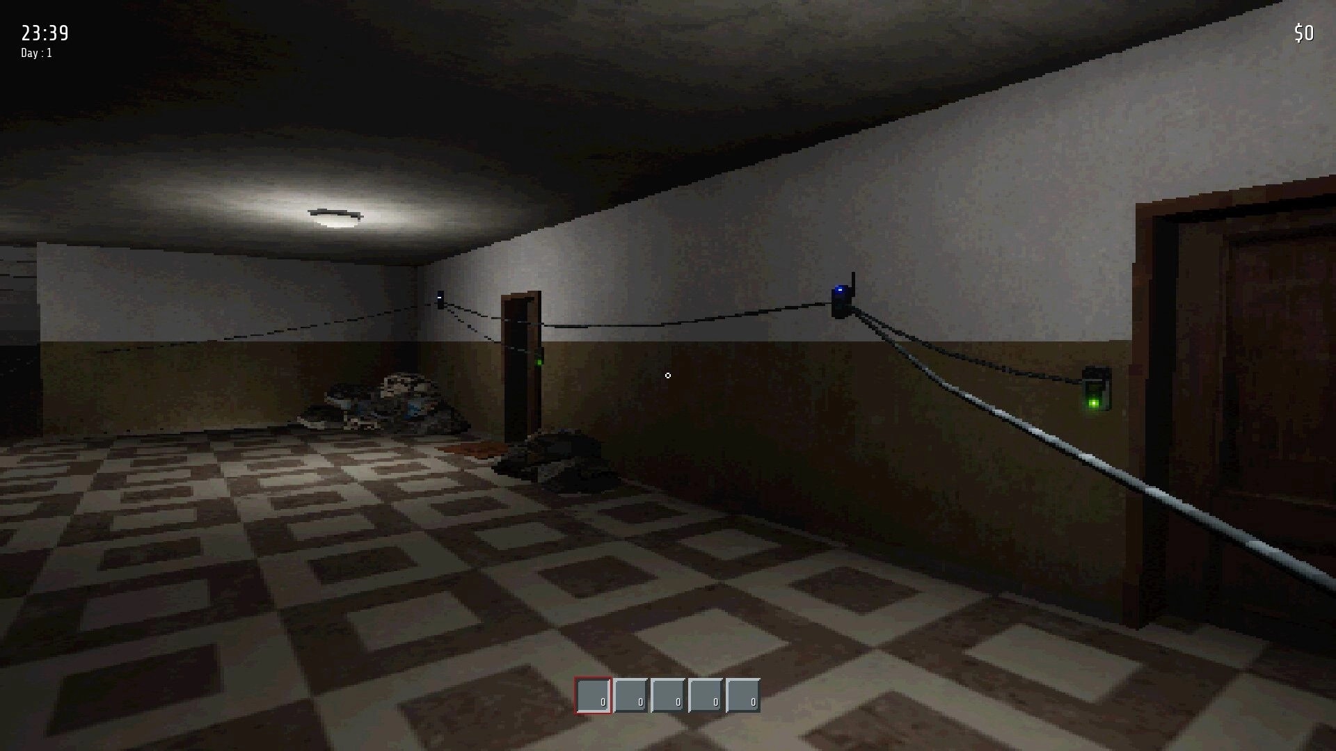 Beyond the Doors: Dimly lit apartment hallway with cables and debris, time and day UI in corner