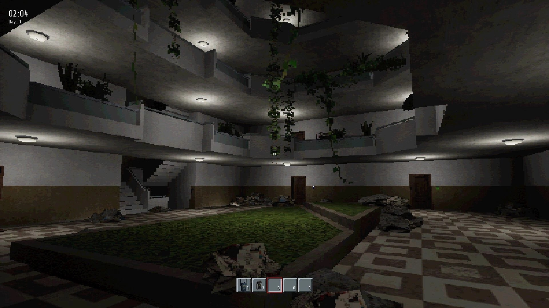 Beyond the Doors: Exploring dim apartment halls with overgrown plants and debris scattered around