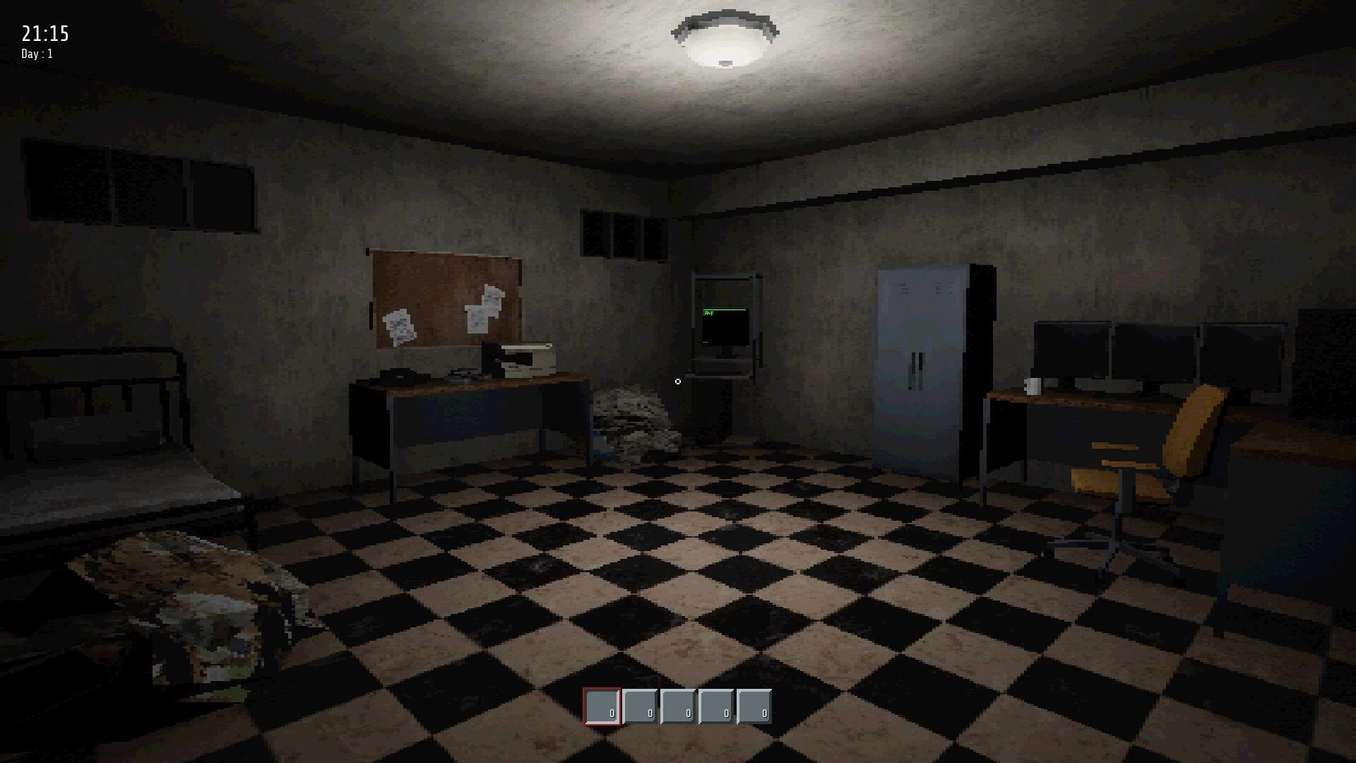 Beyond the Doors: Dimly lit apartment office with computer screens, checkered floor, and corkboard.