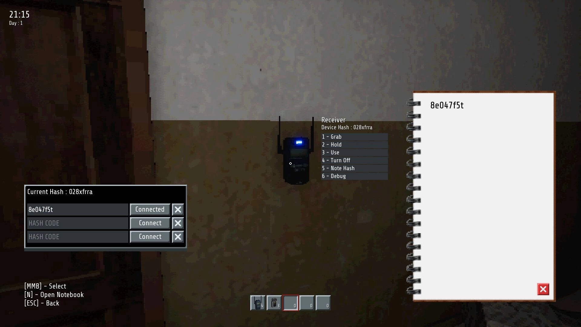 Beyond the Doors: Player interacting with a receiver and notebook in a dimly lit apartment hallway