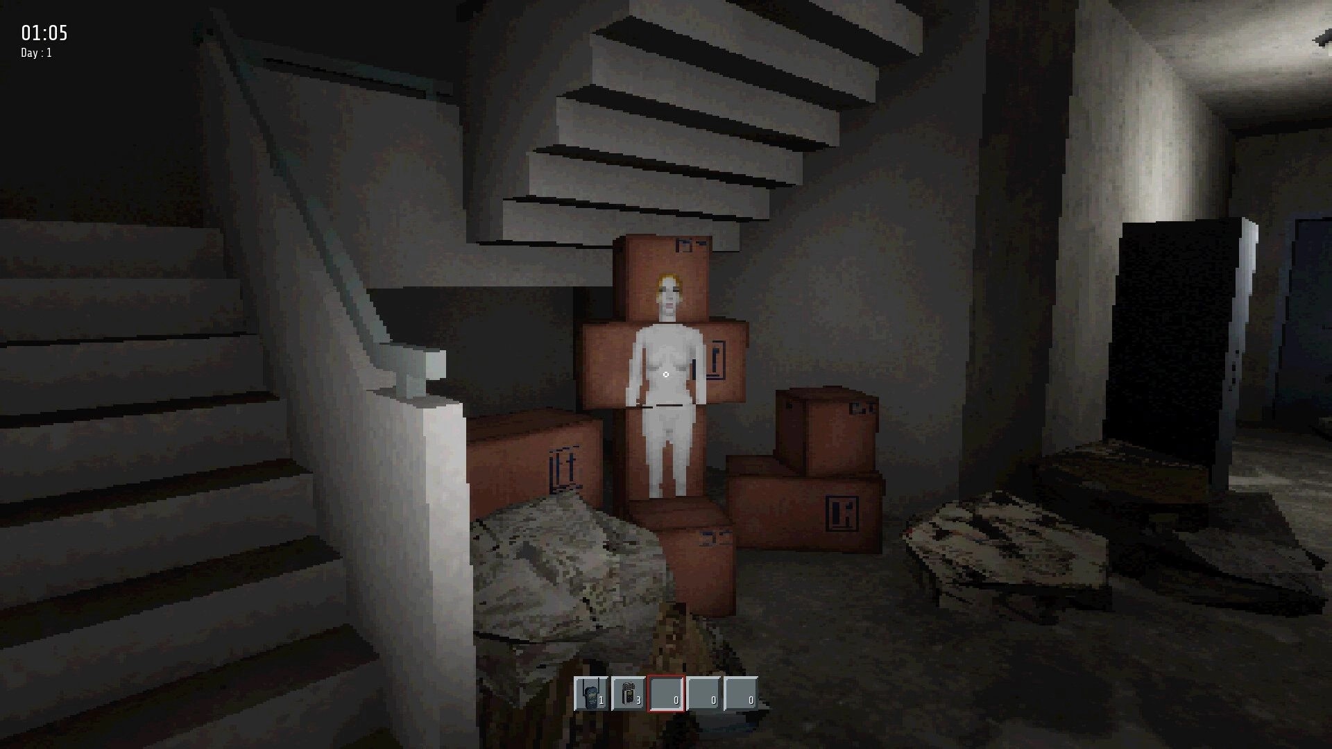 Beyond the Doors: Character standing by stacked boxes under dimly lit staircase, UI shows time and items